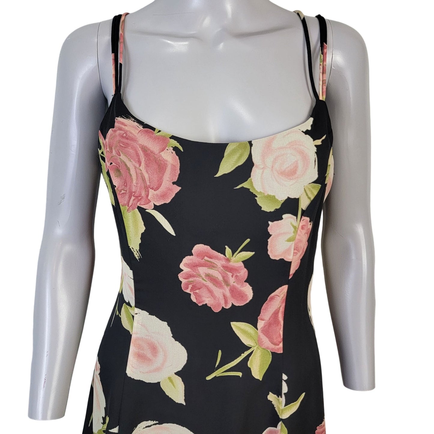 Vintage 90s Floral Mini Dress Medium 10 Petite Black Pink Shift Formal