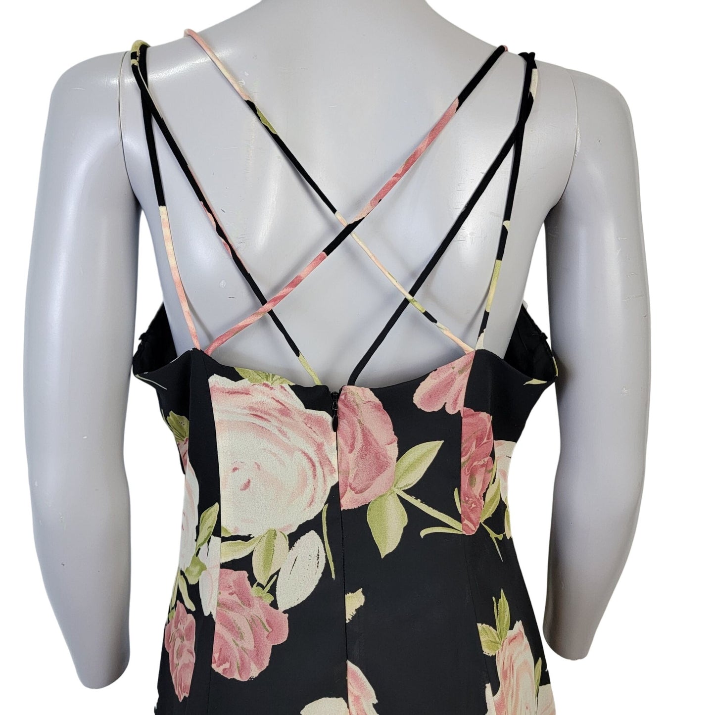 Vintage 90s Floral Mini Dress Medium 10 Petite Black Pink Shift Formal
