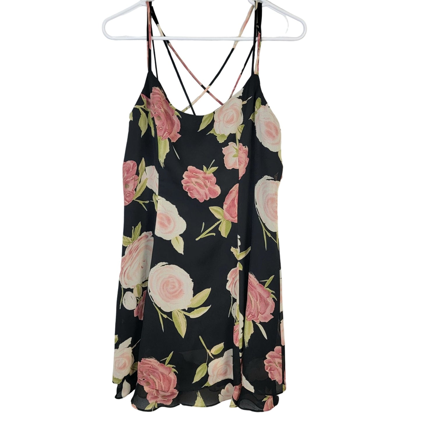 Vintage 90s Floral Mini Dress Medium 10 Petite Black Pink Shift Formal