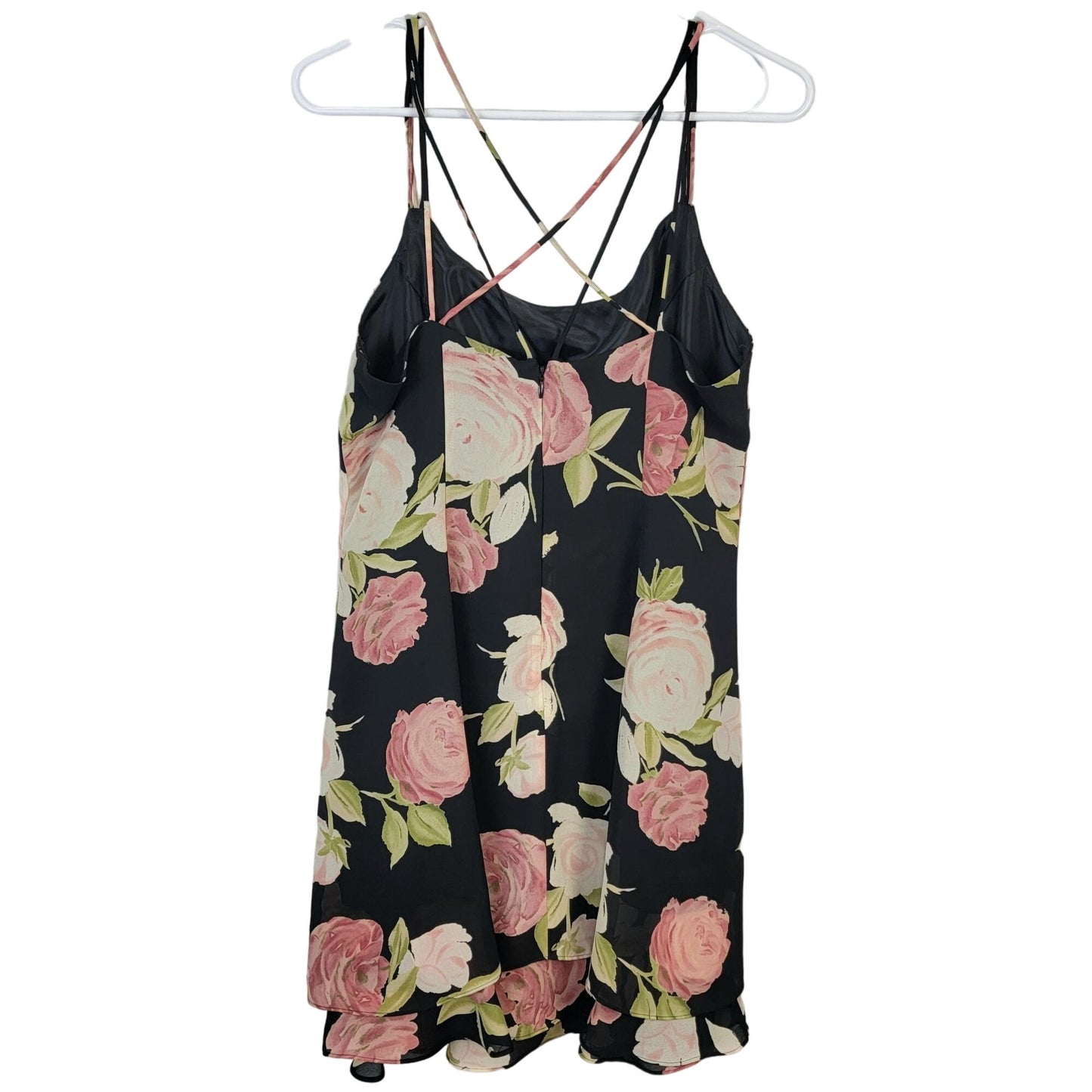 Vintage 90s Floral Mini Dress Medium 10 Petite Black Pink Shift Formal
