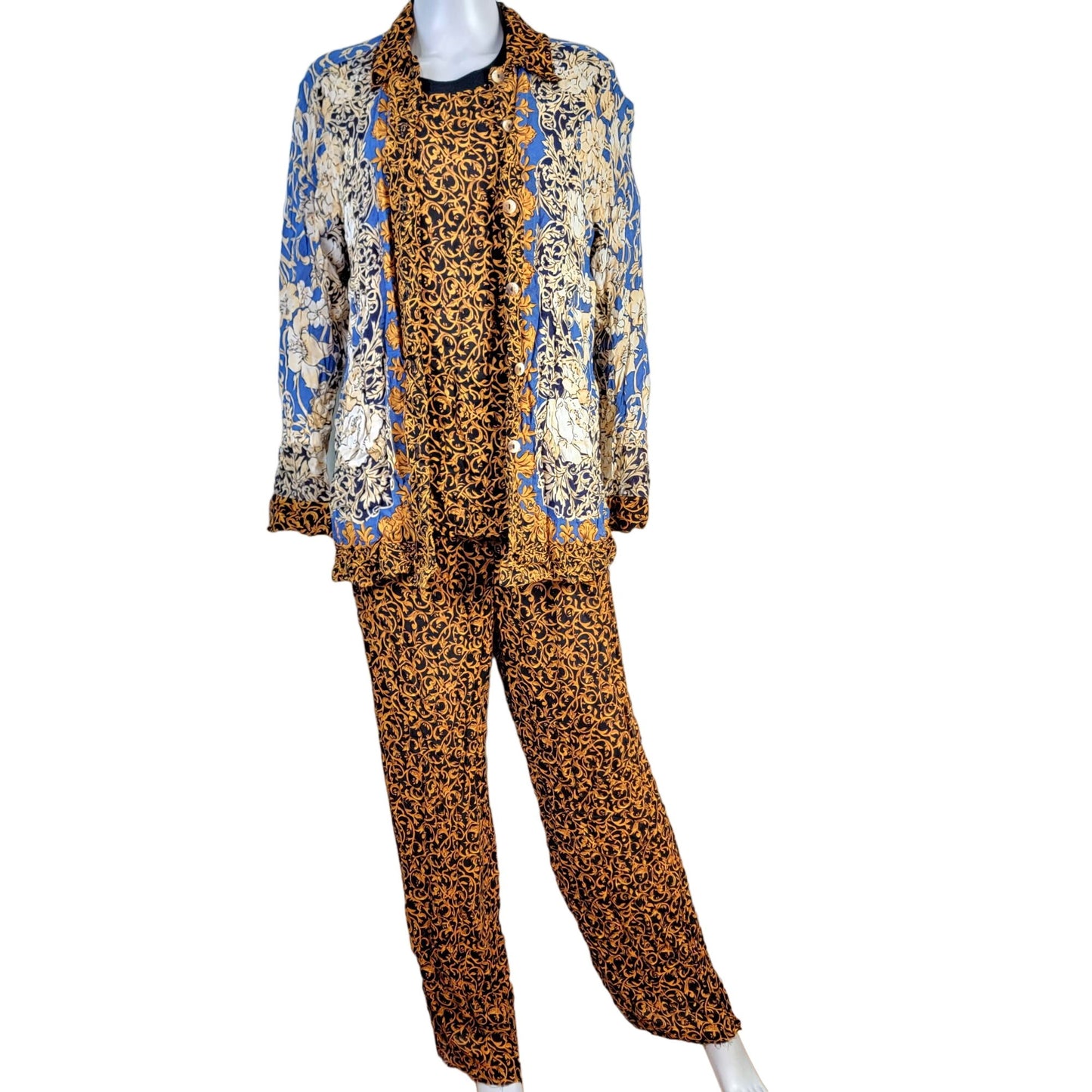 Vintage 90s Set Women Medium 8 10 Button Shirt Blouse Top straight Pants