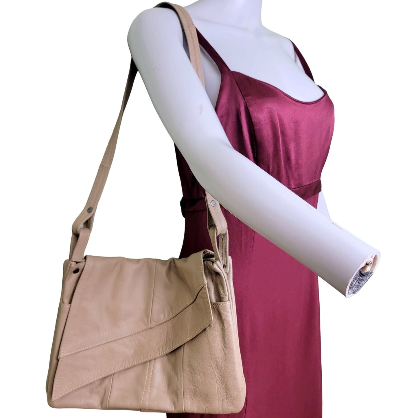 Vintage Leather Shoulder Bag Fold Over Snap Button Purse Tan 90s