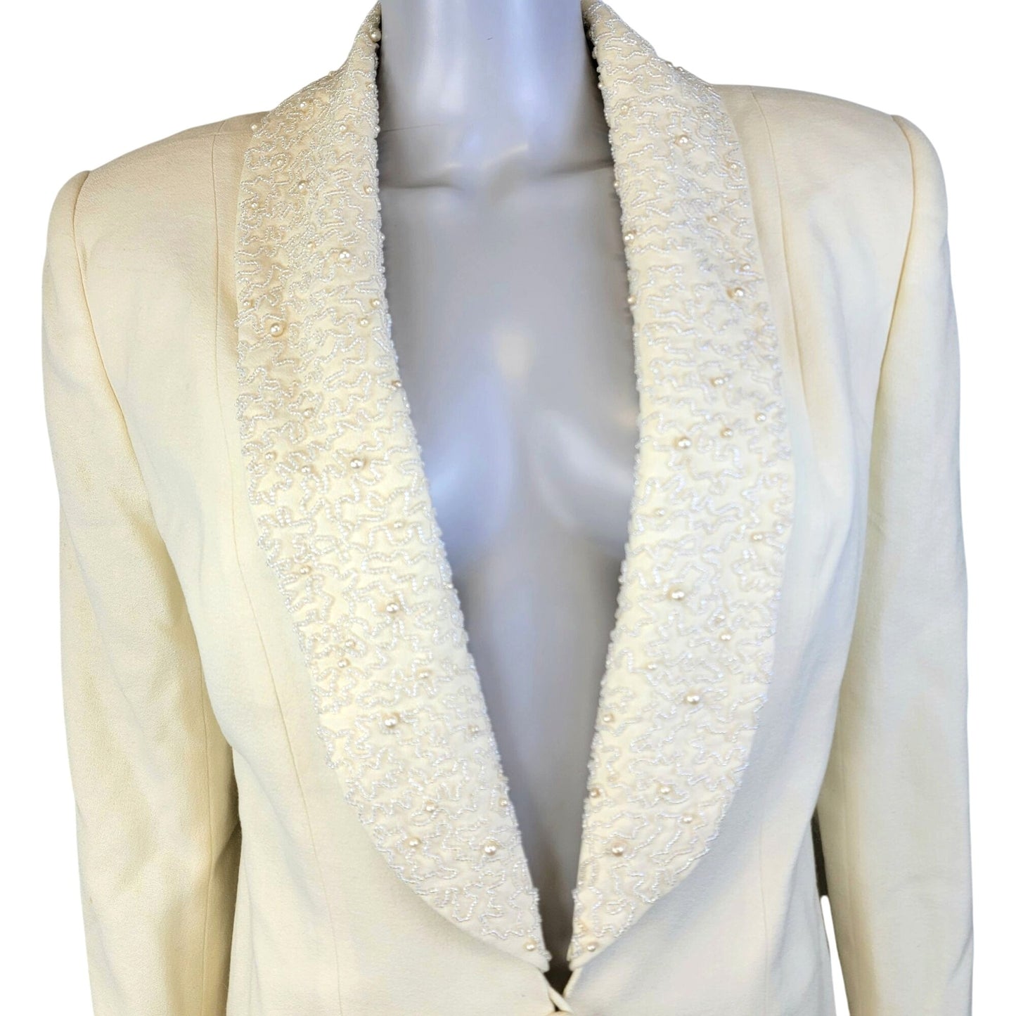 John Meyer Vintage 80s Beaded Blazer Jacket Women 8 Cream Beige Suit Coat Formal