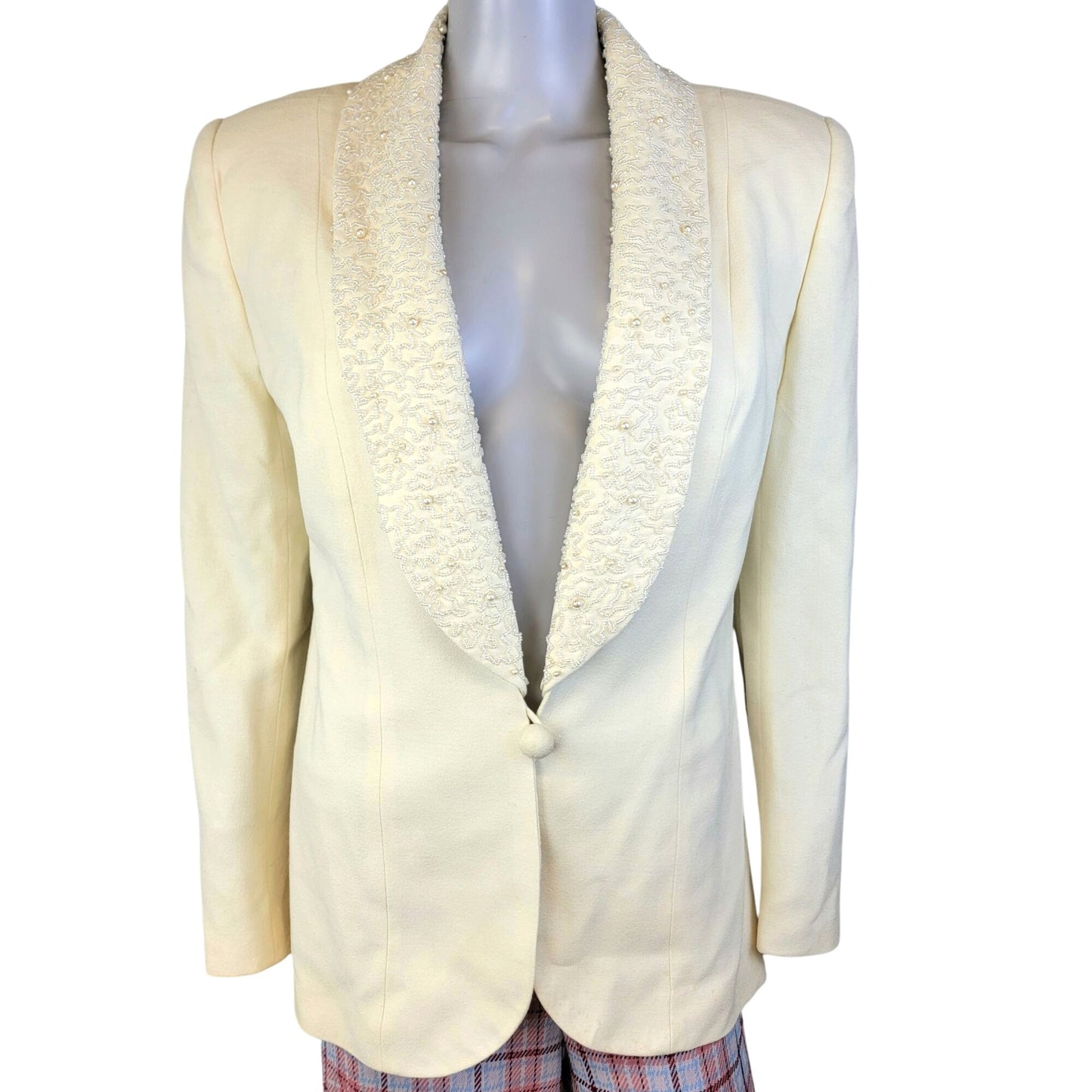 John Meyer Vintage 80s Beaded Blazer Jacket Women 8 Cream Beige Suit Coat Formal
