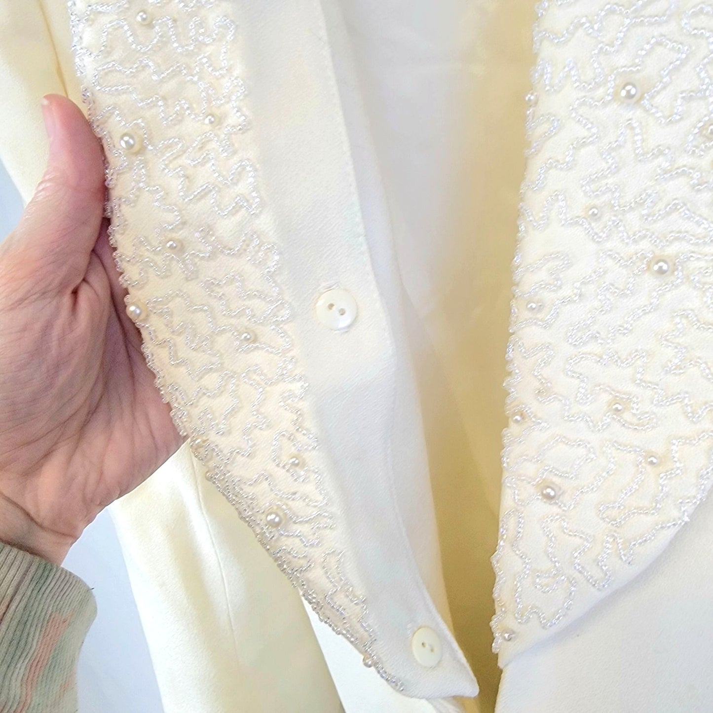 John Meyer Vintage 80s Beaded Blazer Jacket Women 8 Cream Beige Suit Coat Formal