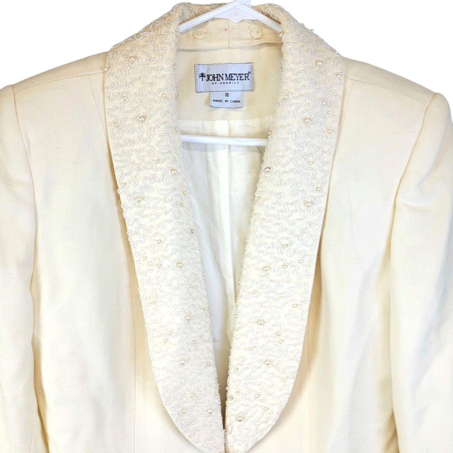 John Meyer Vintage 80s Beaded Blazer Jacket Women 8 Cream Beige Suit Coat Formal
