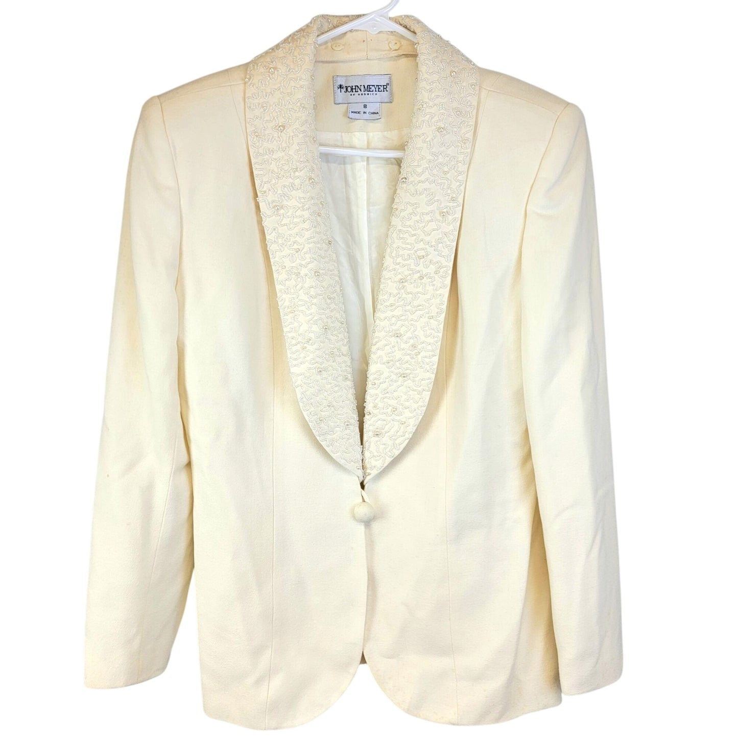 John Meyer Vintage 80s Beaded Blazer Jacket Women 8 Cream Beige Suit Coat Formal