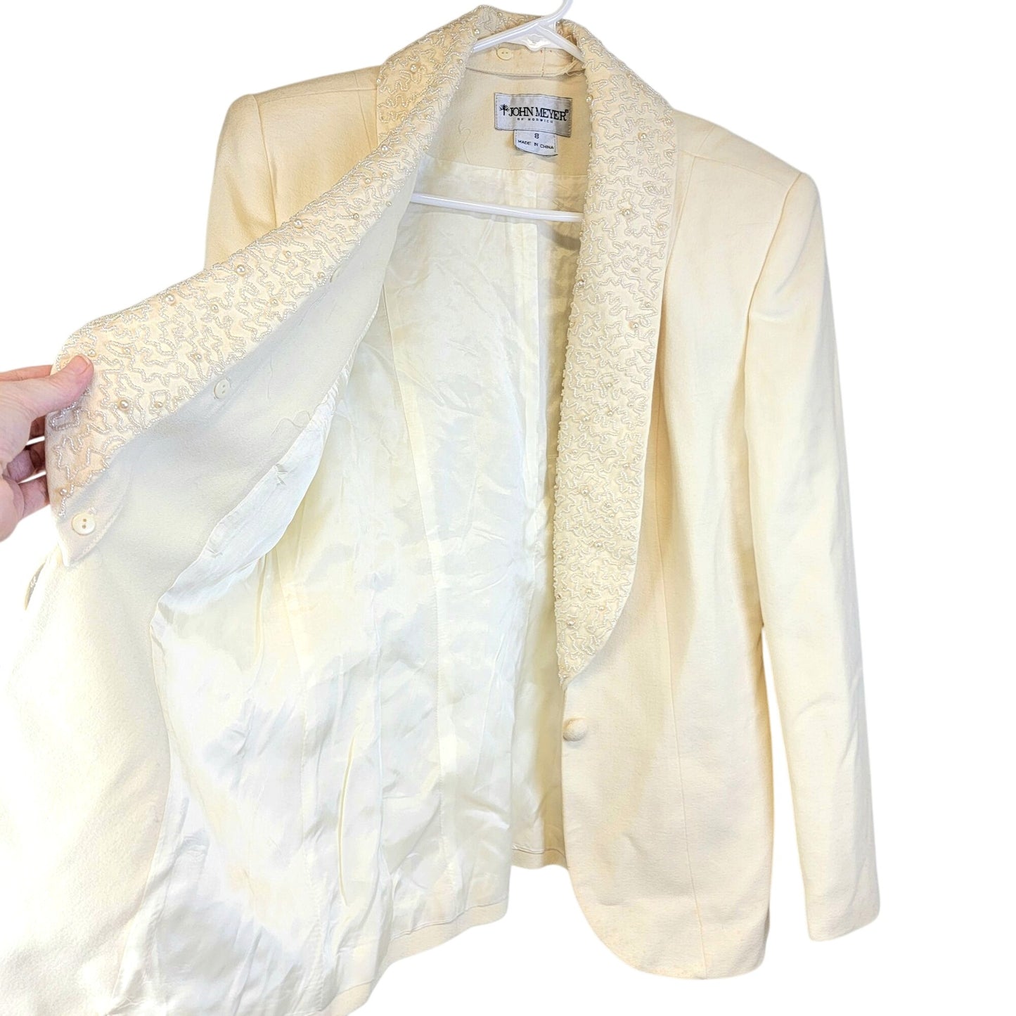 John Meyer Vintage 80s Beaded Blazer Jacket Women 8 Cream Beige Suit Coat Formal