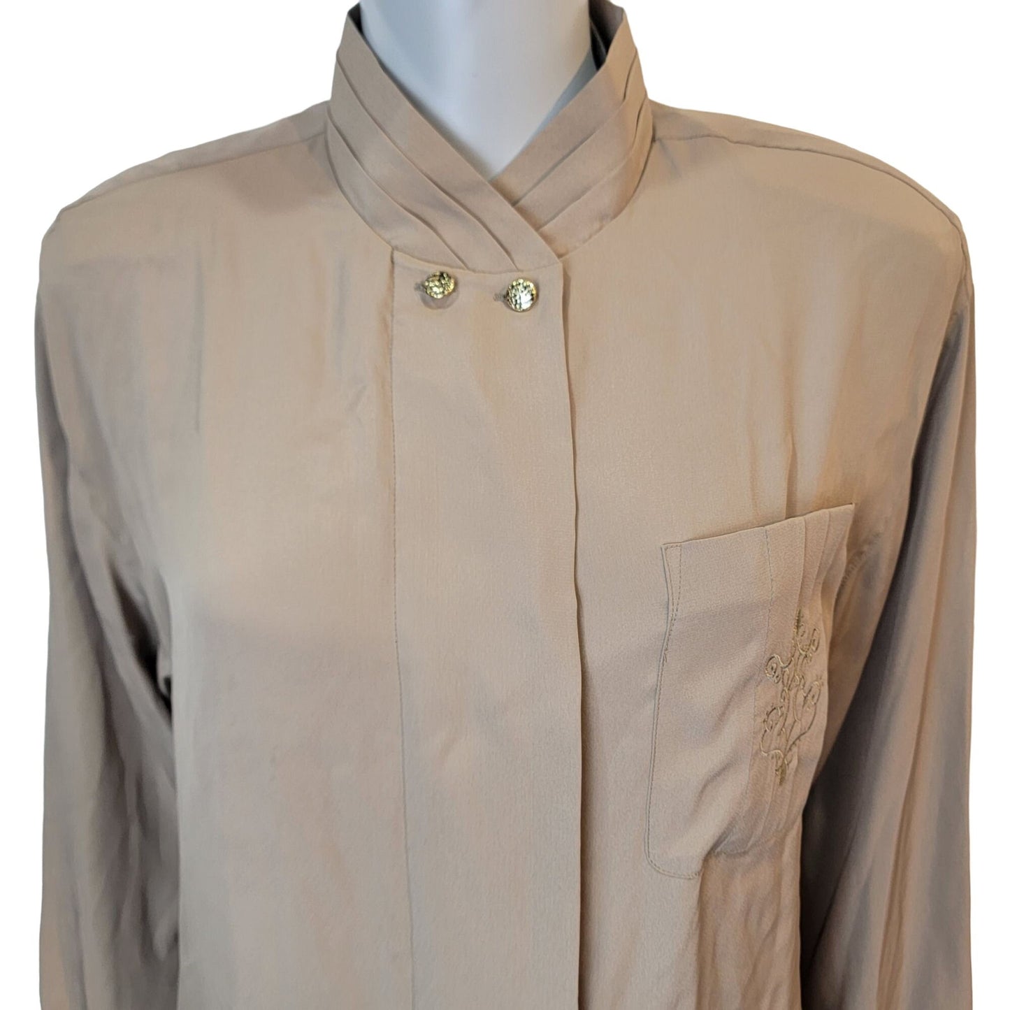 Vintage 80s Blouse Shirt Women 10 Large Button Top Tan Silver