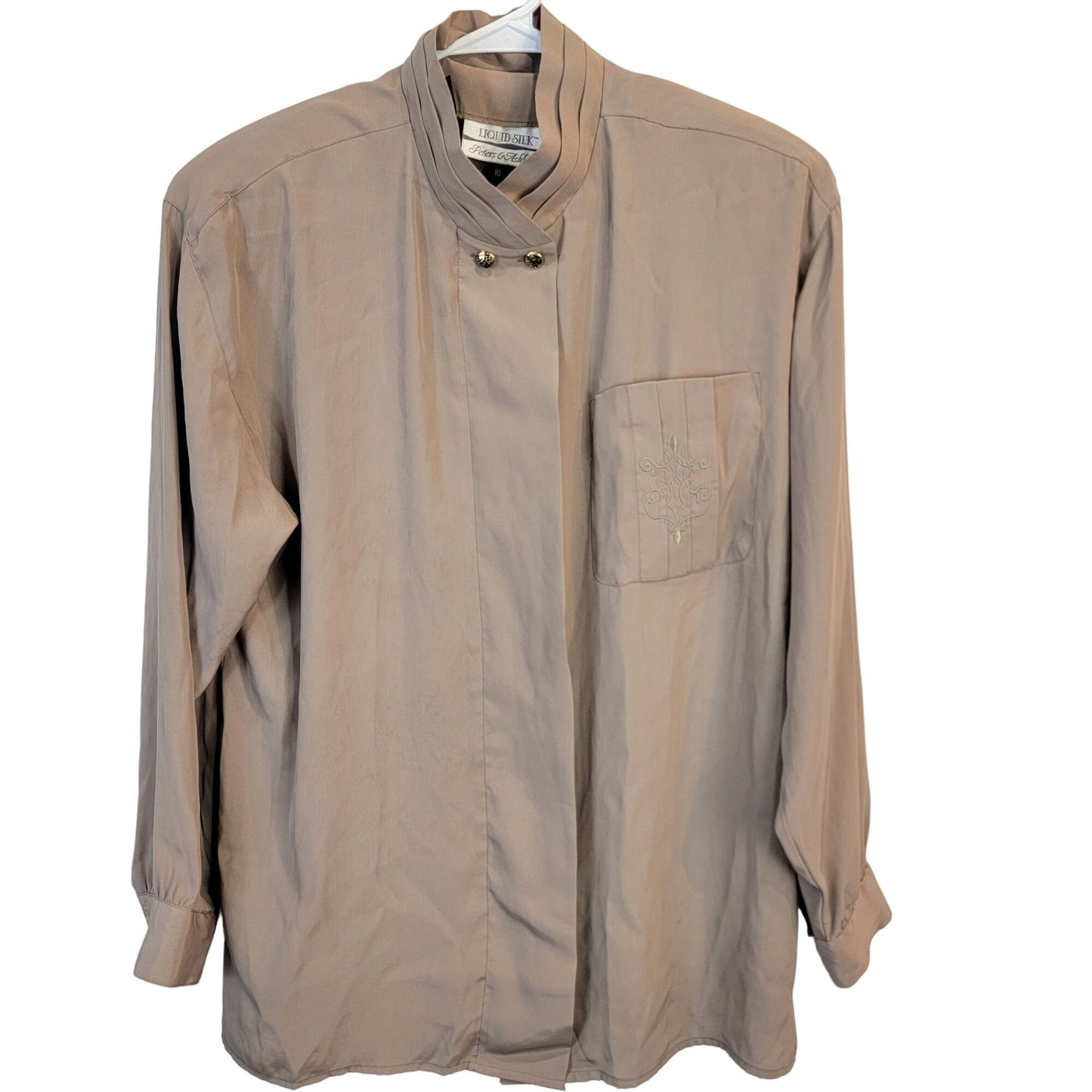 Vintage 80s Blouse Shirt Women 10 Large Button Top Tan Silver