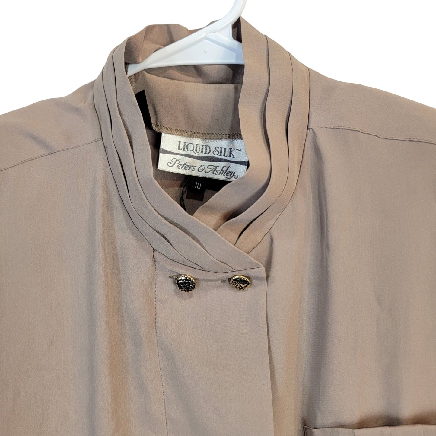 Vintage 80s Blouse Shirt Women 10 Large Button Top Tan Silver