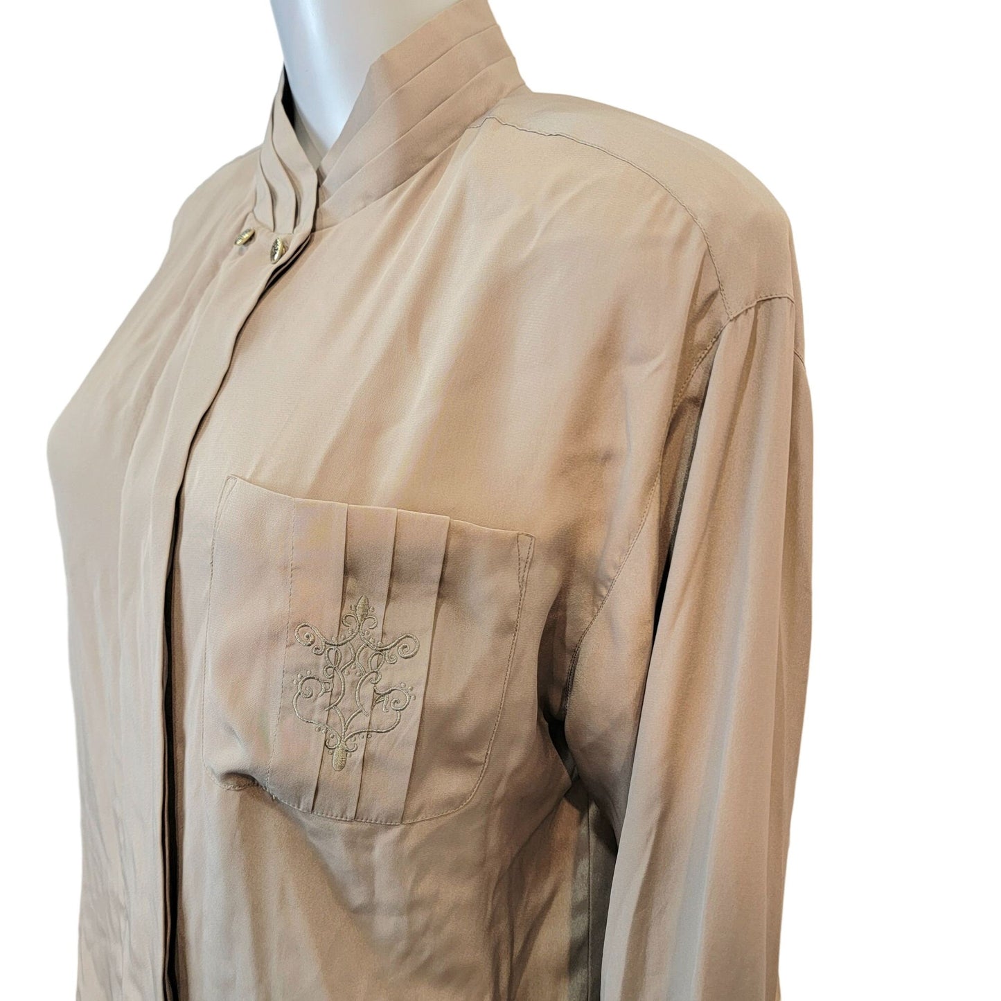 Vintage 80s Blouse Shirt Women 10 Large Button Top Tan Silver