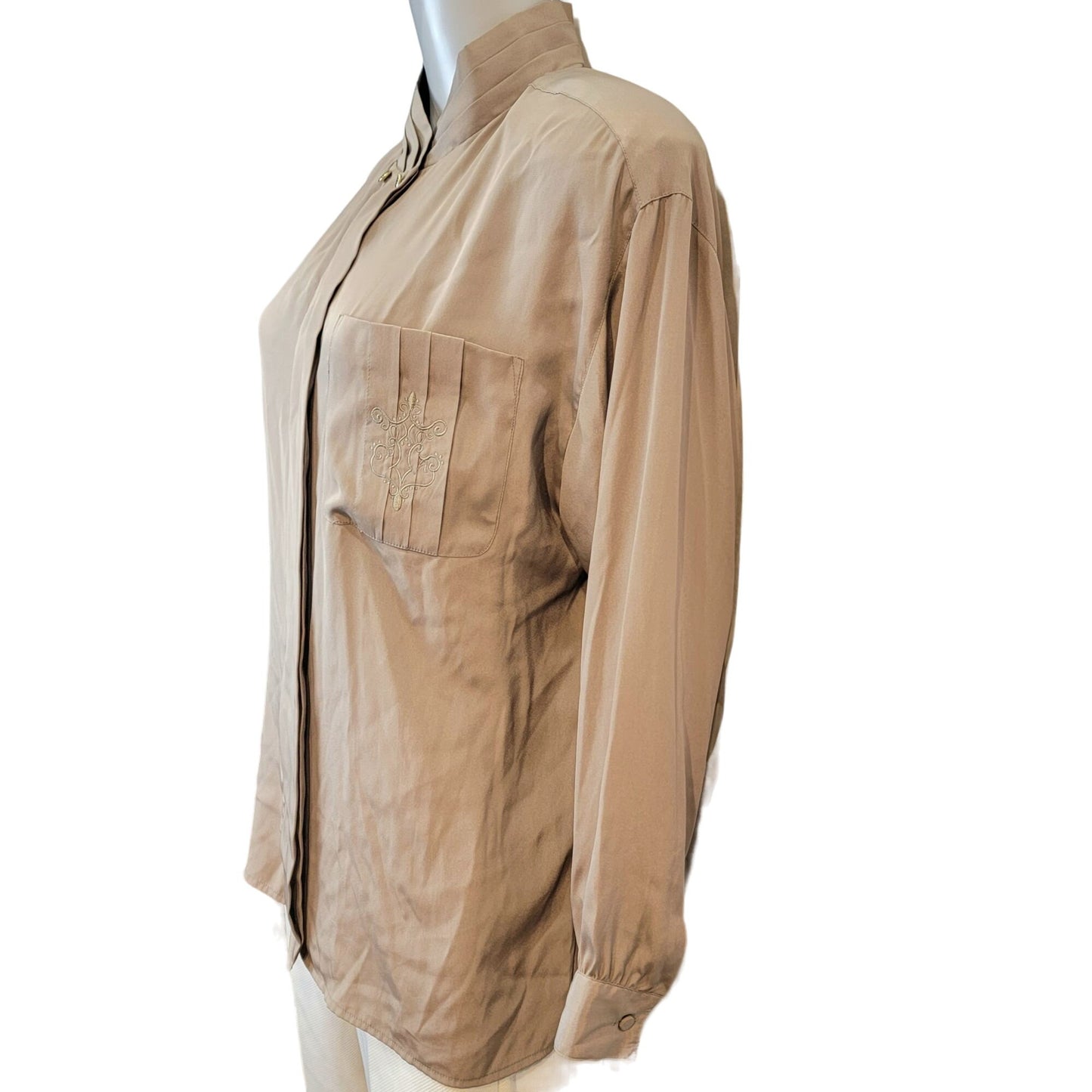 Vintage 80s Blouse Shirt Women 10 Large Button Top Tan Silver