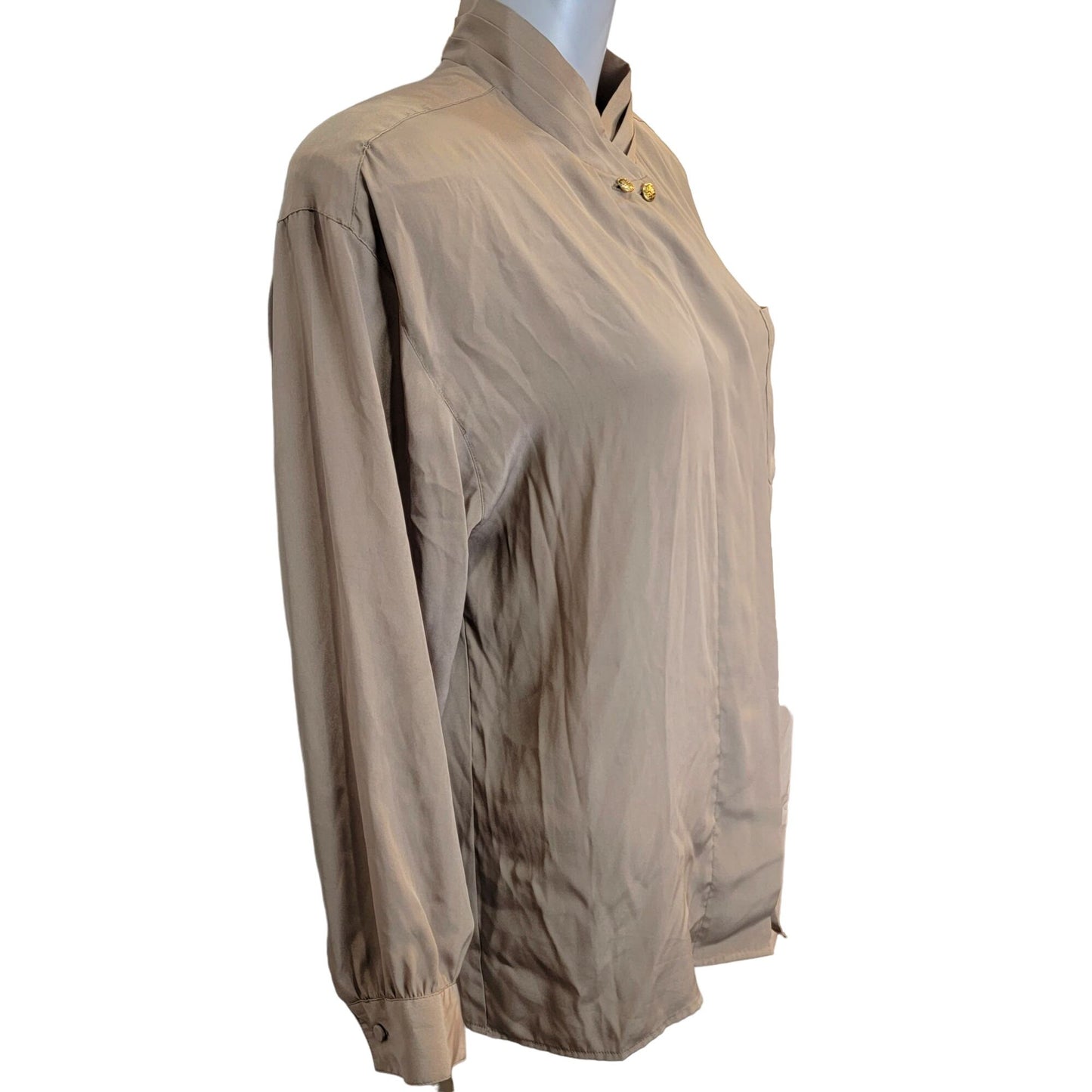 Vintage 80s Blouse Shirt Women 10 Large Button Top Tan Silver