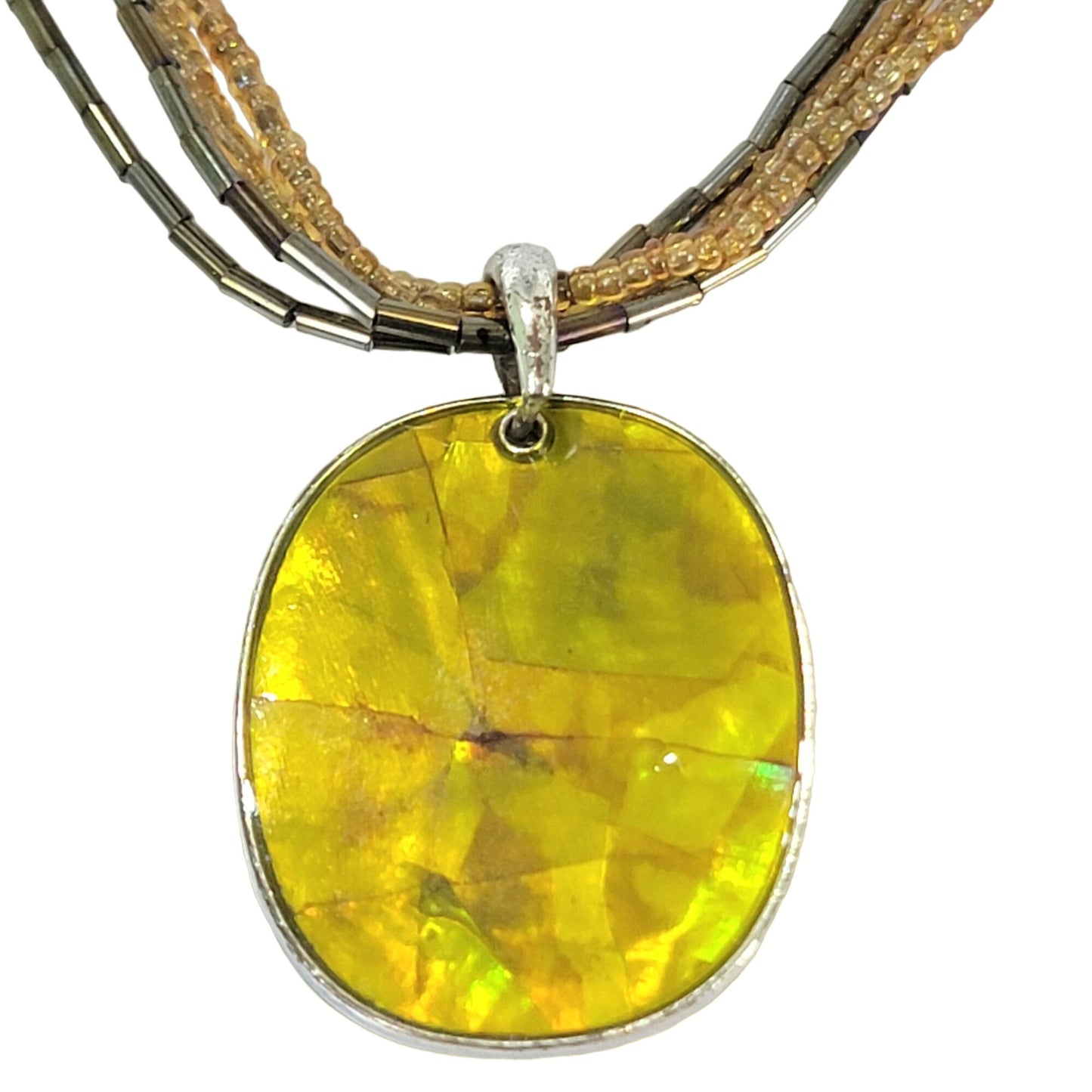Vintage 80s Beaded Pendant Necklace Women Adjustable Jewelry Yellow Silver Boho