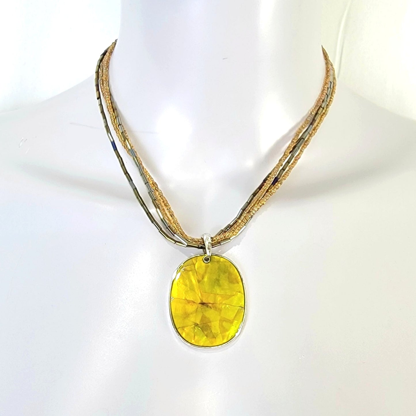 Vintage 80s Beaded Pendant Necklace Women Adjustable Jewelry Yellow Silver Boho