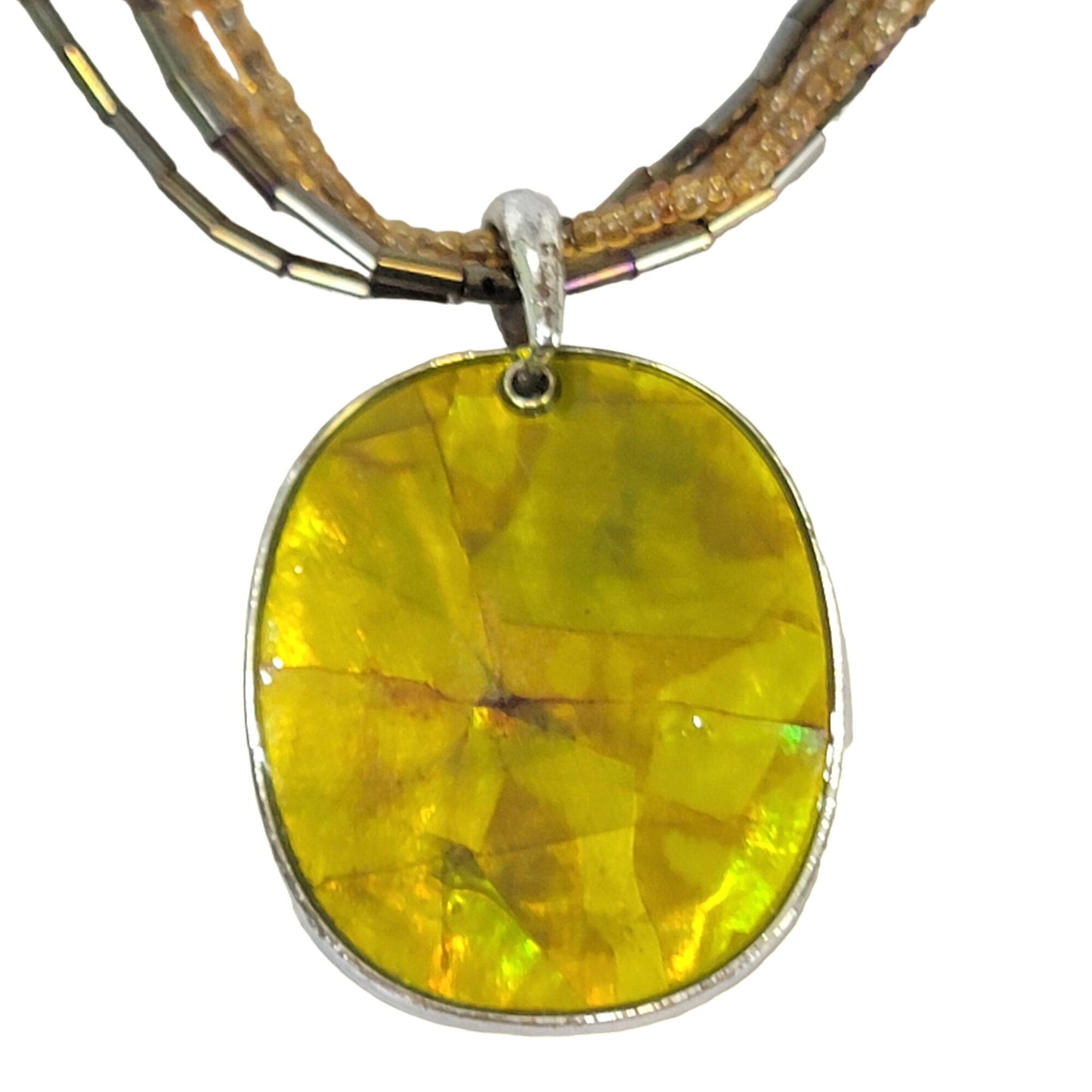 Vintage 80s Beaded Pendant Necklace Women Adjustable Jewelry Yellow Silver Boho