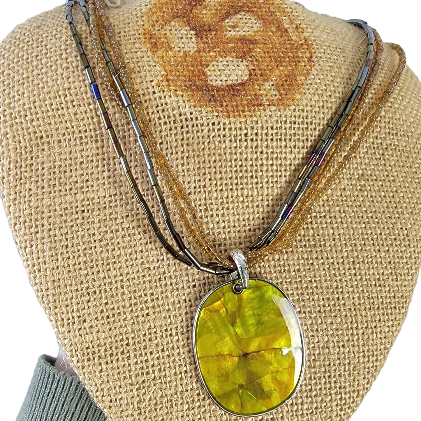 Vintage 80s Beaded Pendant Necklace Women Adjustable Jewelry Yellow Silver Boho