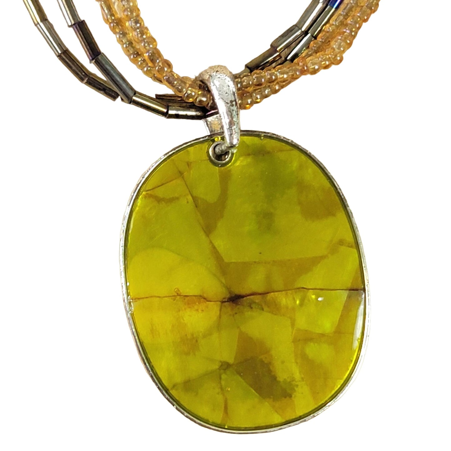 Vintage 80s Beaded Pendant Necklace Women Adjustable Jewelry Yellow Silver Boho