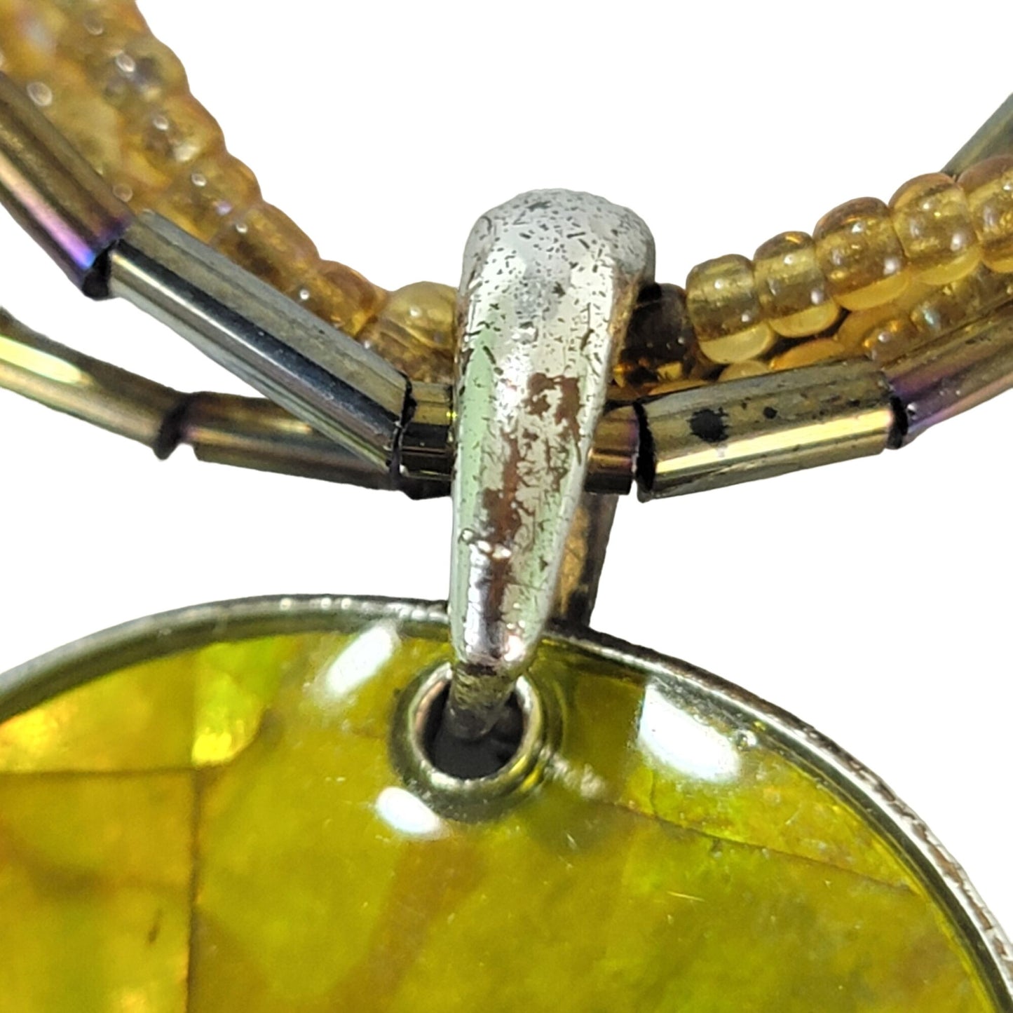 Vintage 80s Beaded Pendant Necklace Women Adjustable Jewelry Yellow Silver Boho