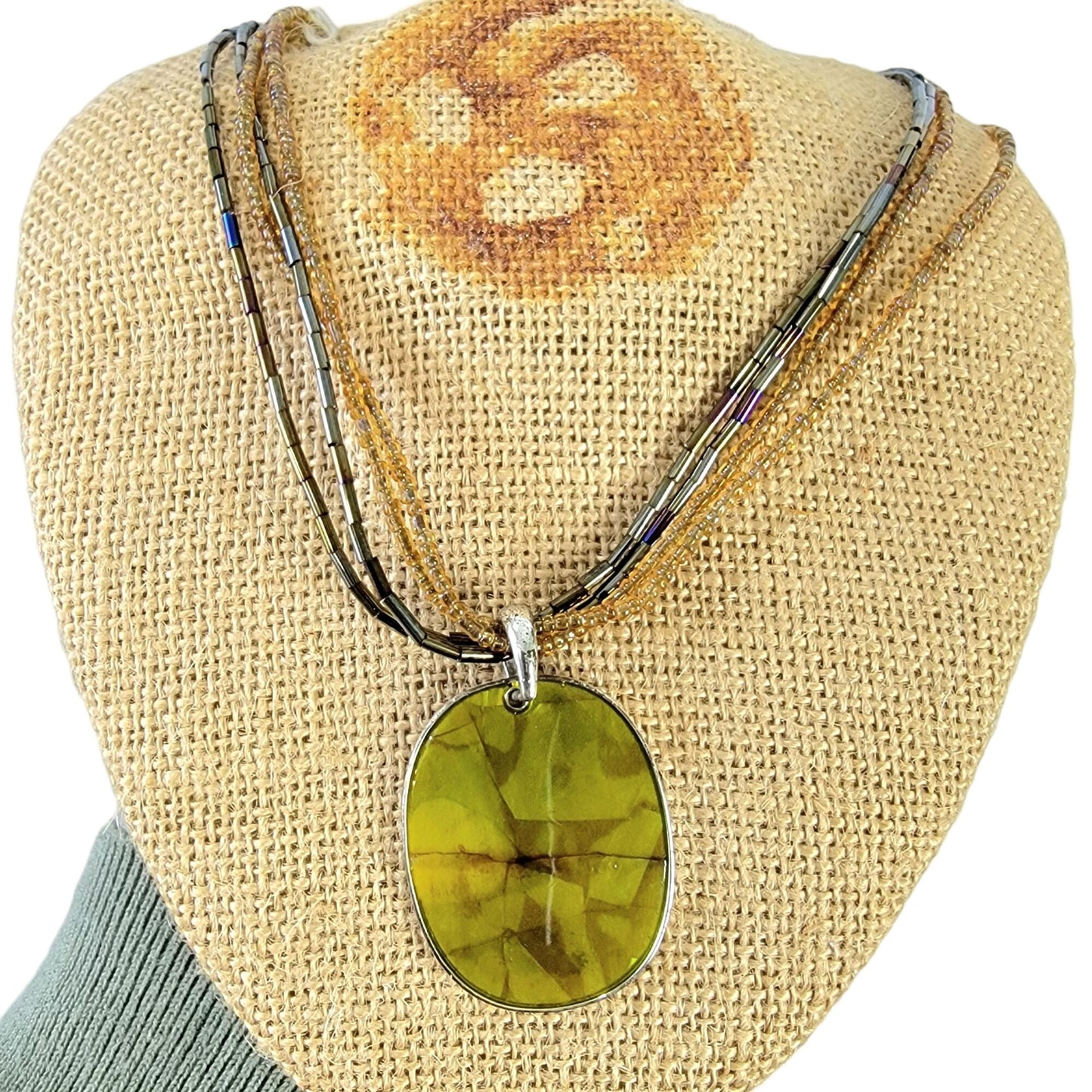Vintage 80s Beaded Pendant Necklace Women Adjustable Jewelry Yellow Silver Boho