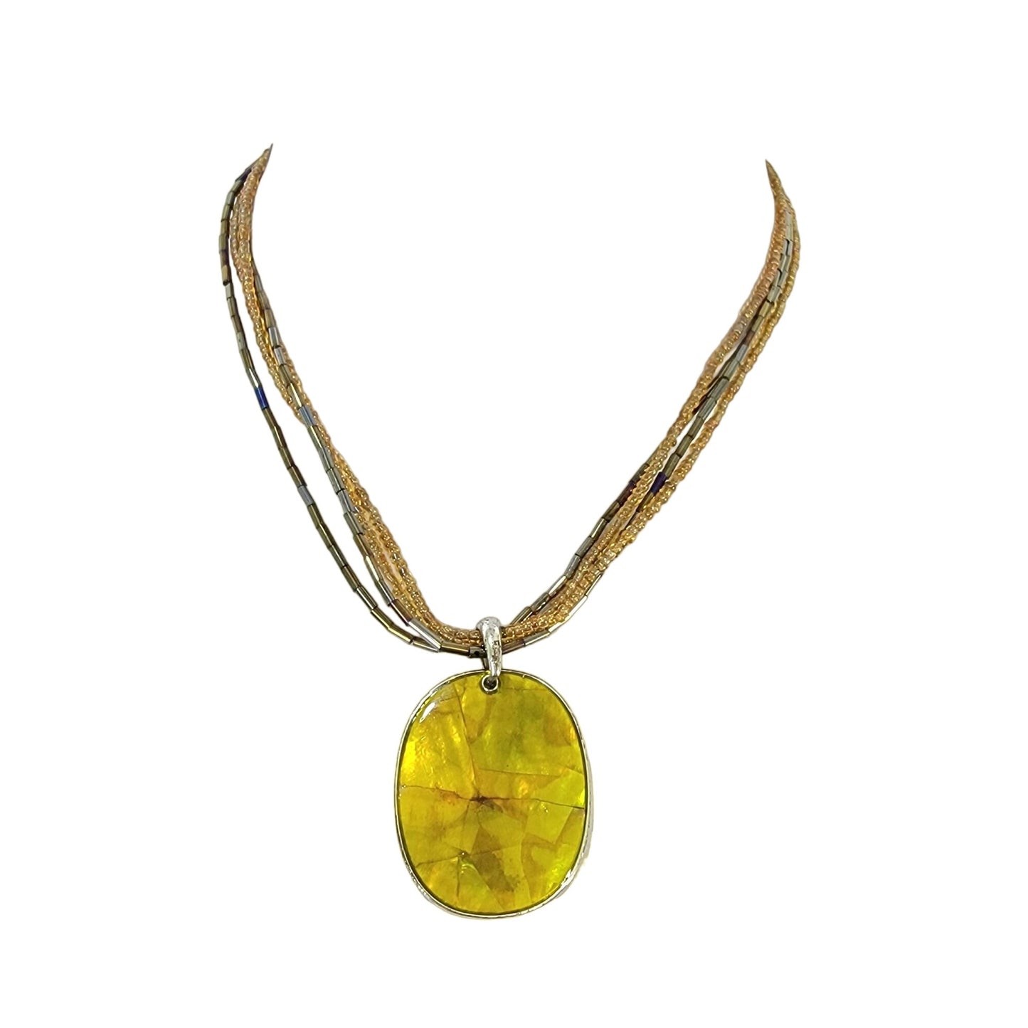 Vintage 80s Beaded Pendant Necklace Women Adjustable Jewelry Yellow Silver Boho