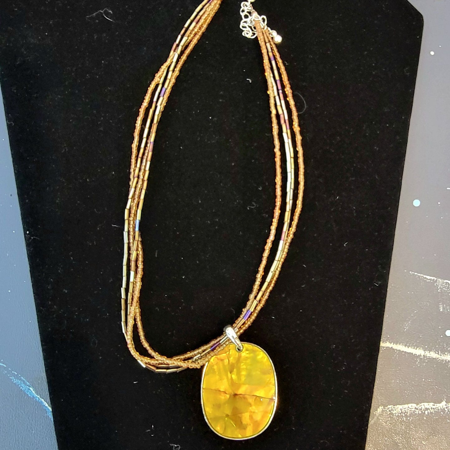 Vintage 80s Beaded Pendant Necklace Women Adjustable Jewelry Yellow Silver Boho