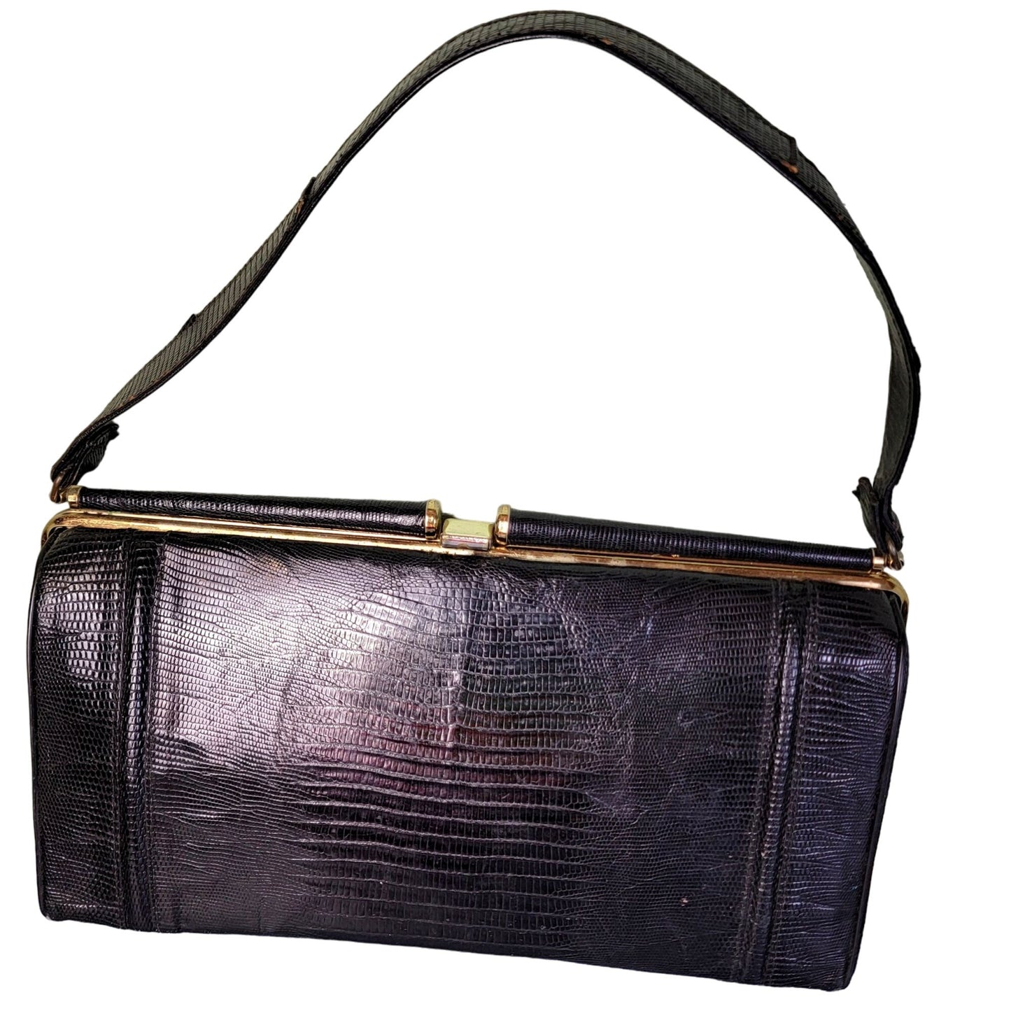 Vintage 60s Leather Purse Black Gold Women Medium Shoulder Bag