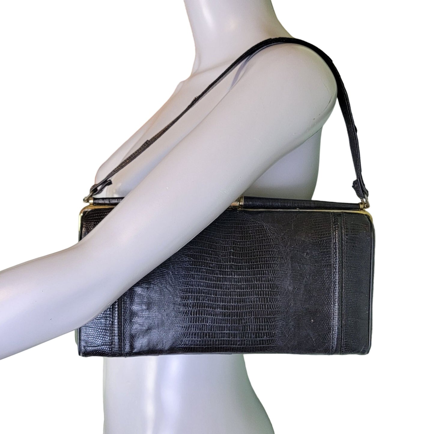 Vintage 60s Leather Purse Black Gold Women Medium Shoulder Bag