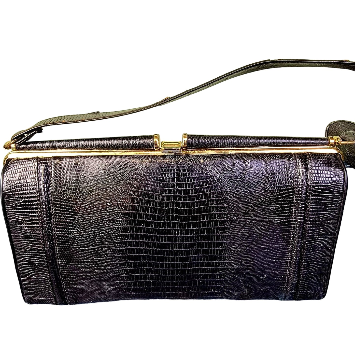 Vintage 60s Leather Purse Black Gold Women Medium Shoulder Bag