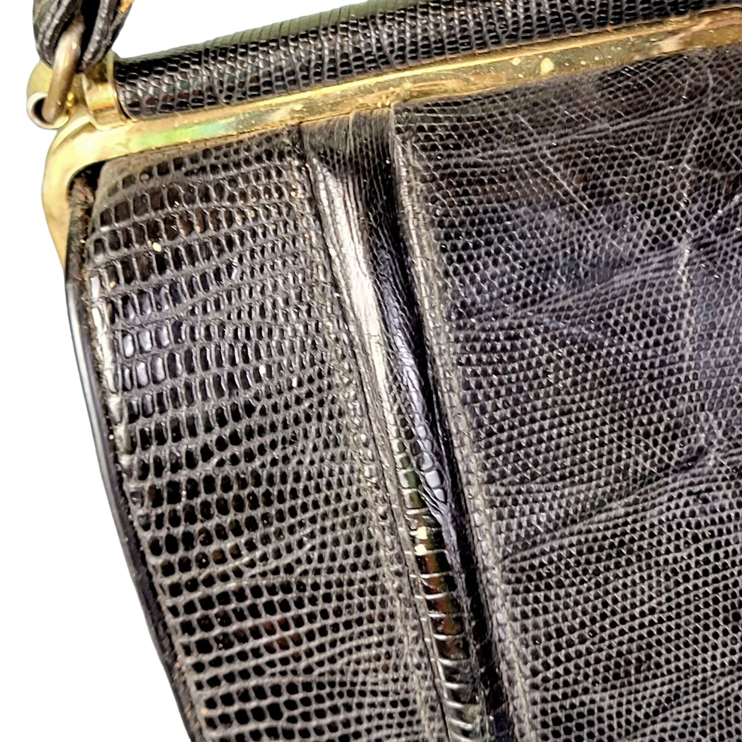 Vintage 60s Leather Purse Black Gold Women Medium Shoulder Bag
