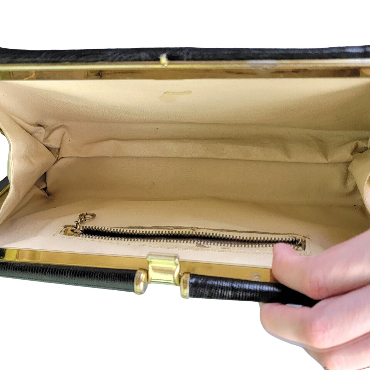 Vintage 60s Leather Purse Black Gold Women Medium Shoulder Bag