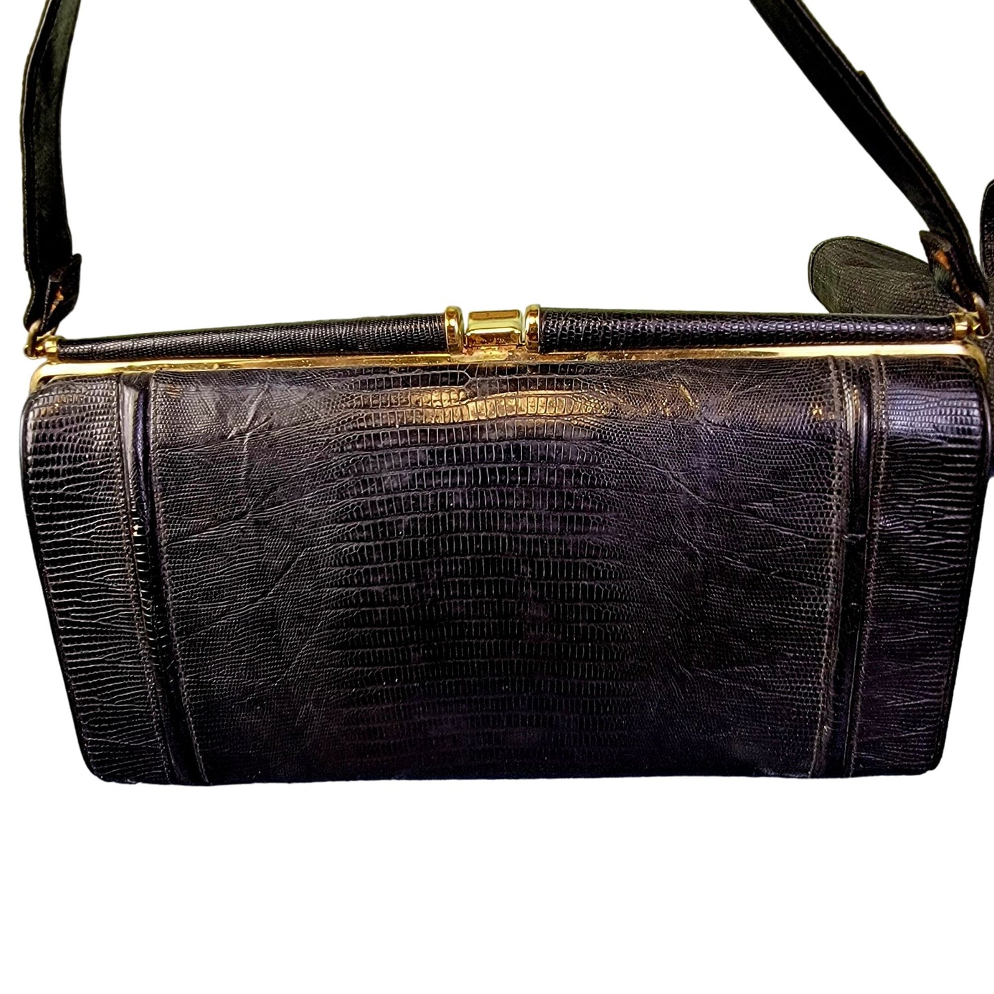 Vintage 60s Leather Purse Black Gold Women Medium Shoulder Bag