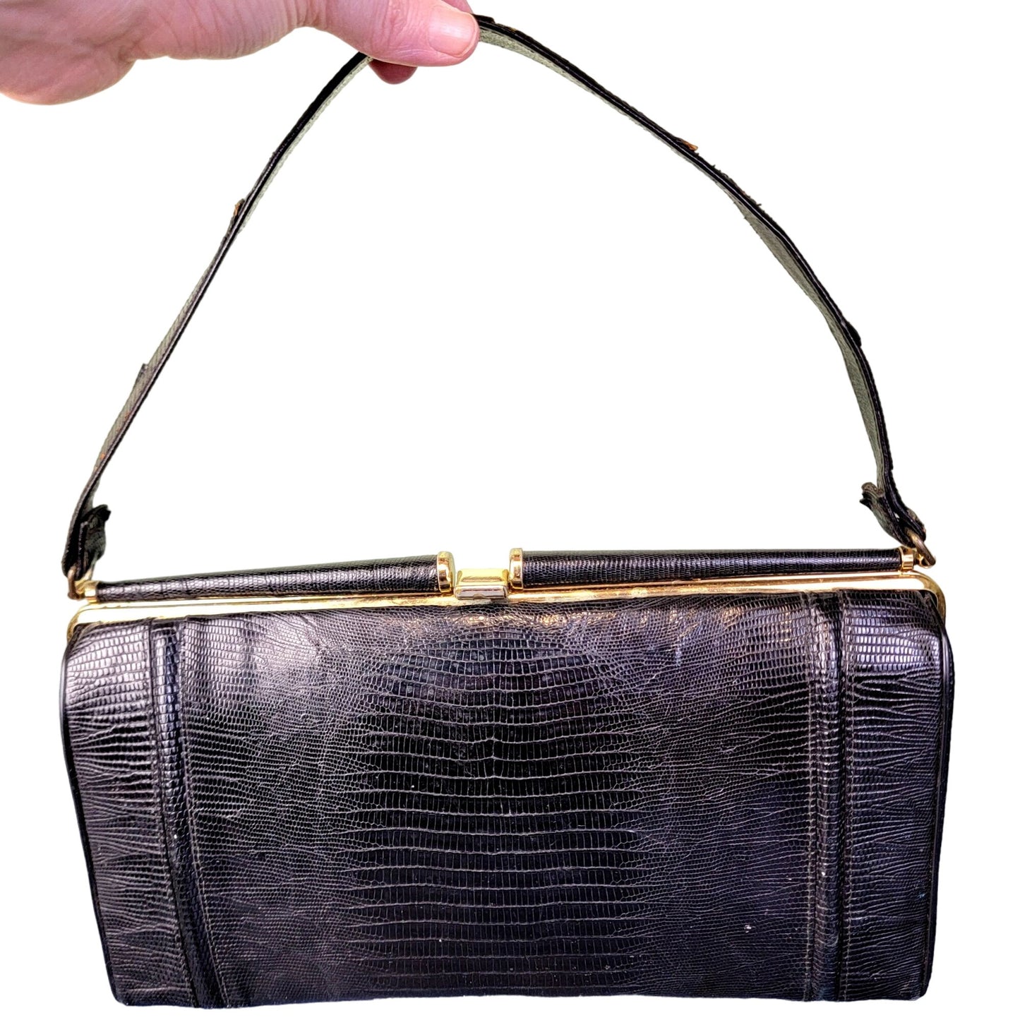 Vintage 60s Leather Purse Black Gold Women Medium Shoulder Bag