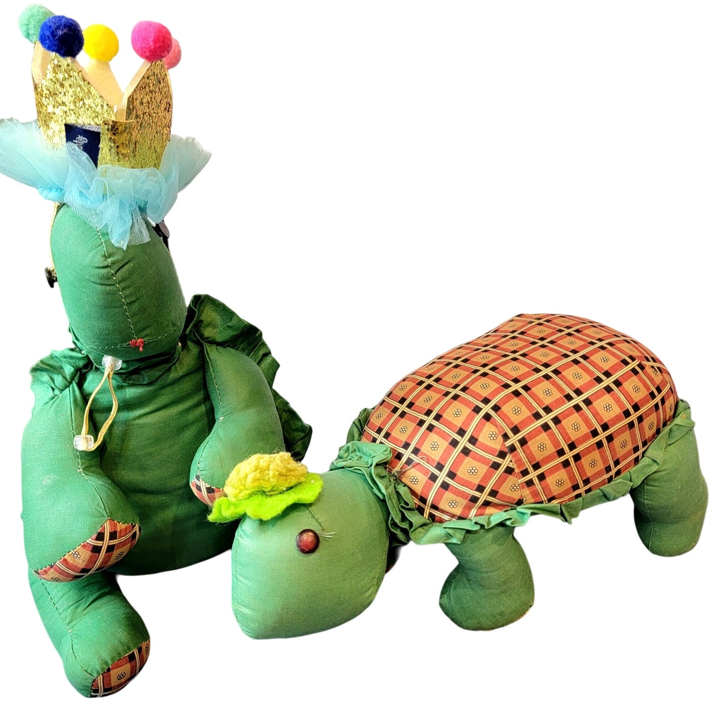 Vintage 80s Handmade Turtle Stuffed Animal Set Plaid