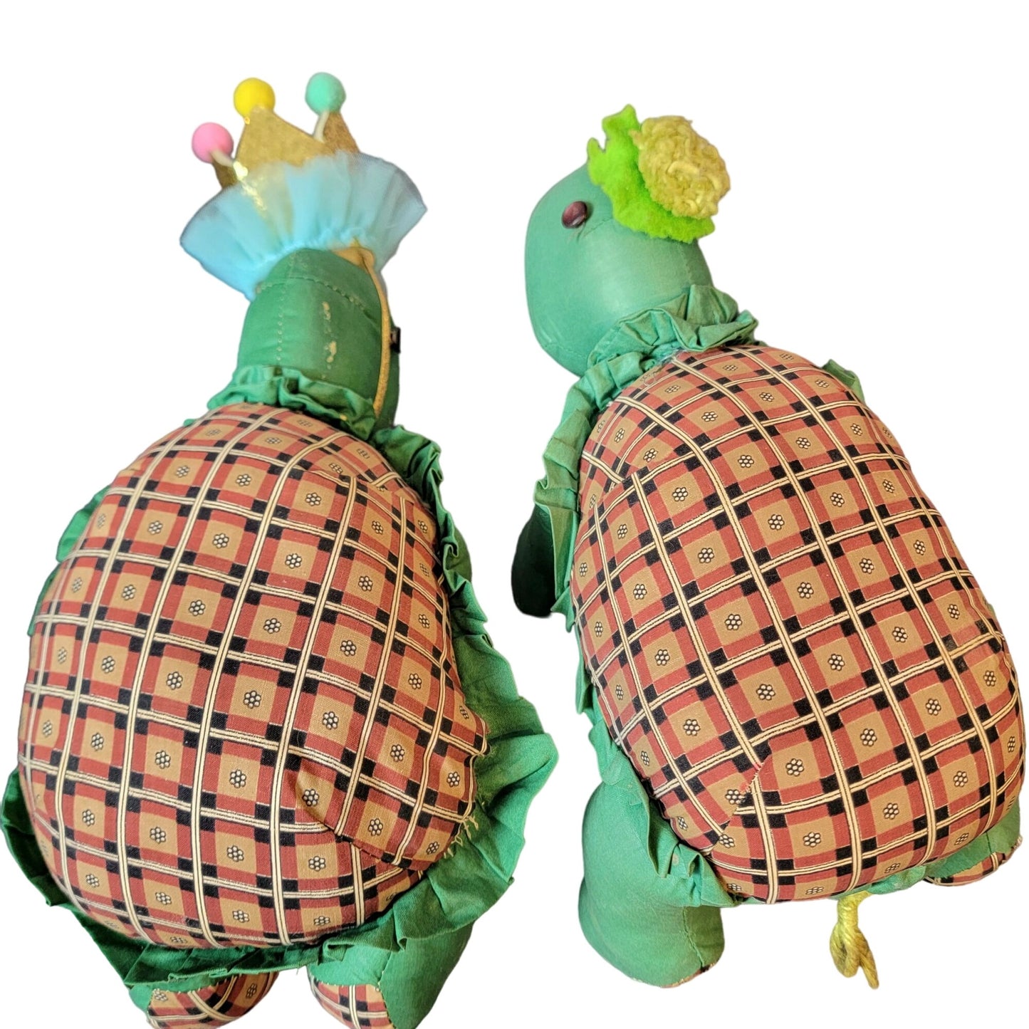 Vintage 80s Handmade Turtle Stuffed Animal Set Plaid