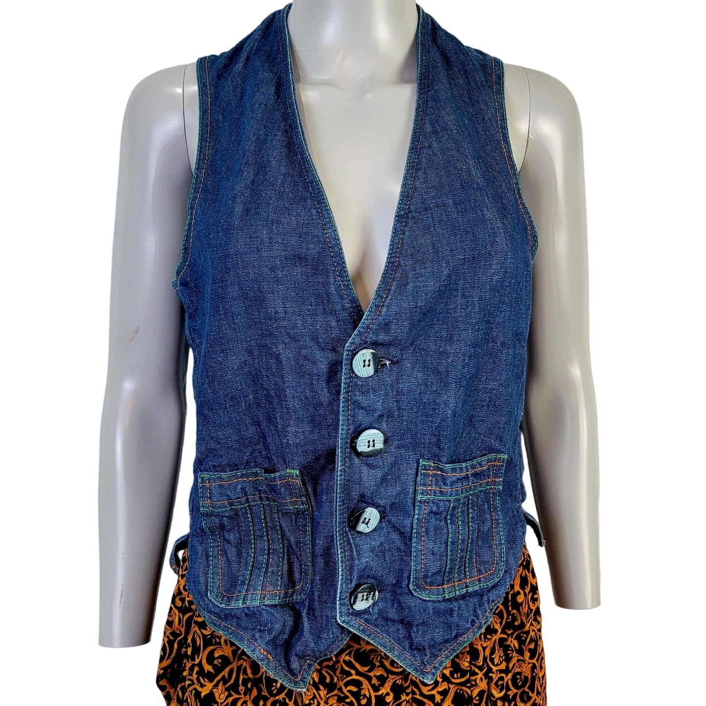 Vintage 70s Denim Vest Women Small Men 38 Button Up Jacket Top Retro 4 6 Fall S