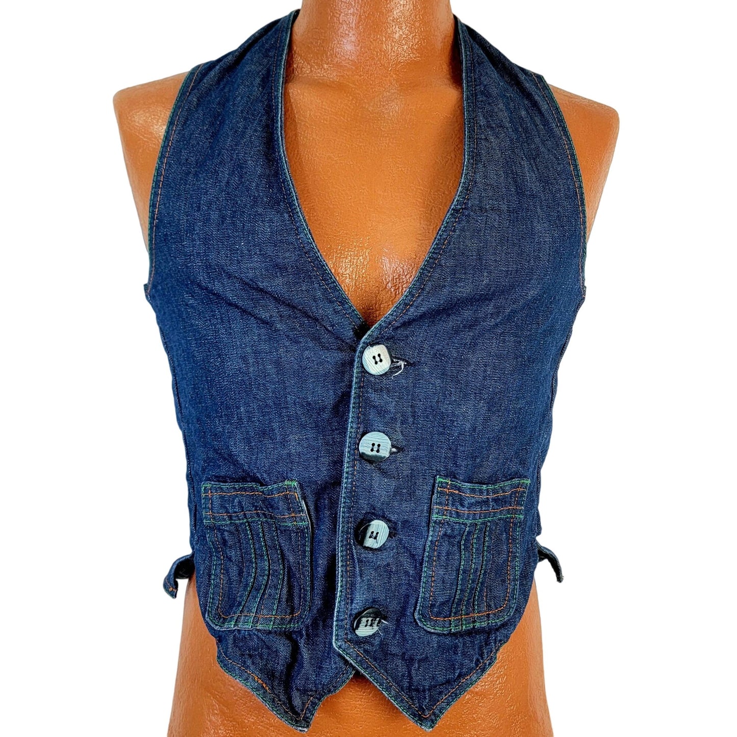 Vintage 70s Denim Vest Women Small Men 38 Button Up Jacket Top Retro 4 6 Fall S