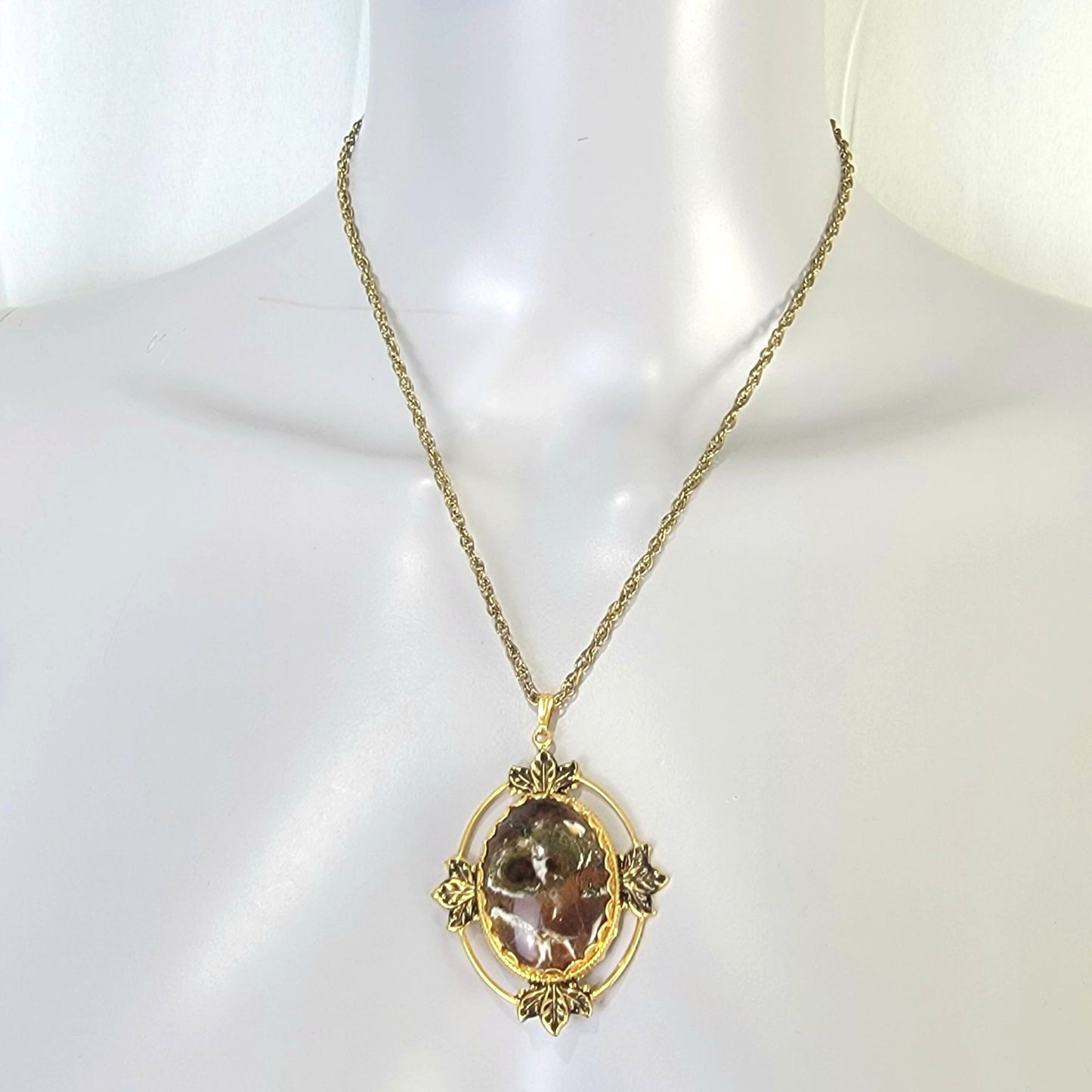 Mojave Jasper Pendant Necklace Gold Chain Women Jewelry Stone Cabochon Vintage