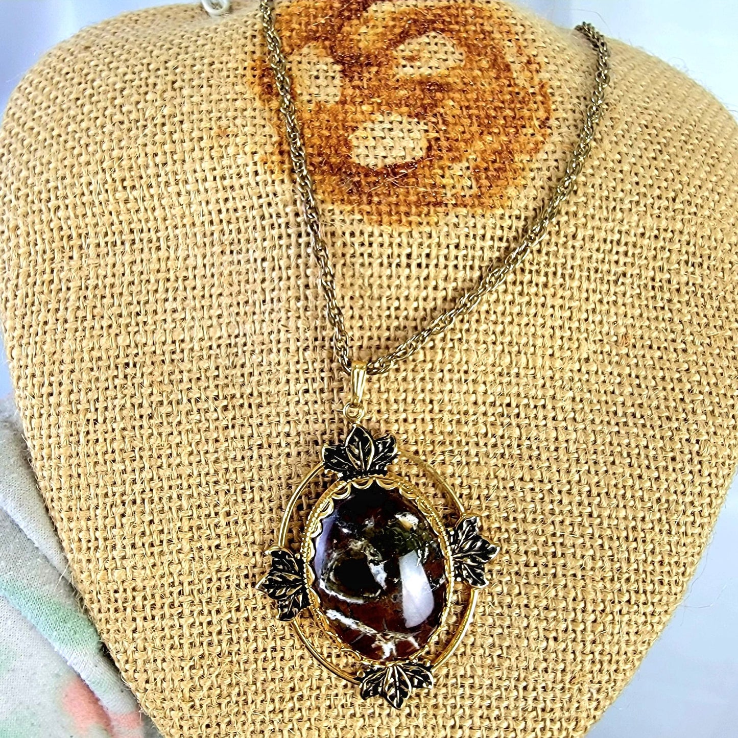 Mojave Jasper Pendant Necklace Gold Chain Women Jewelry Stone Cabochon Vintage
