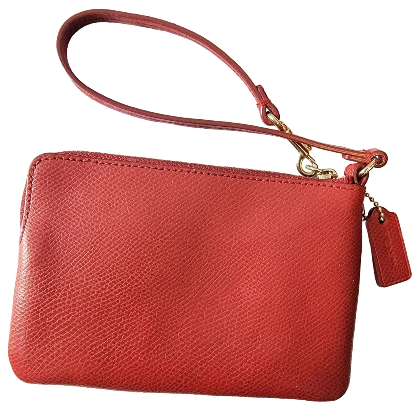 Coach Small Leather Wristlet Bag Corner Zip Purse Red Gold Logo Women Clutch Fun