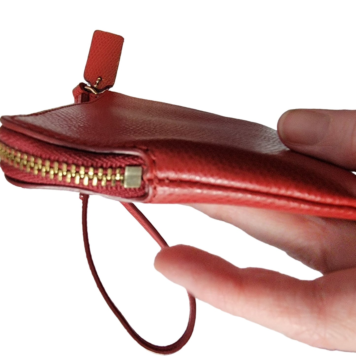 Coach Small Leather Wristlet Bag Corner Zip Purse Red Gold Logo Women Clutch Fun