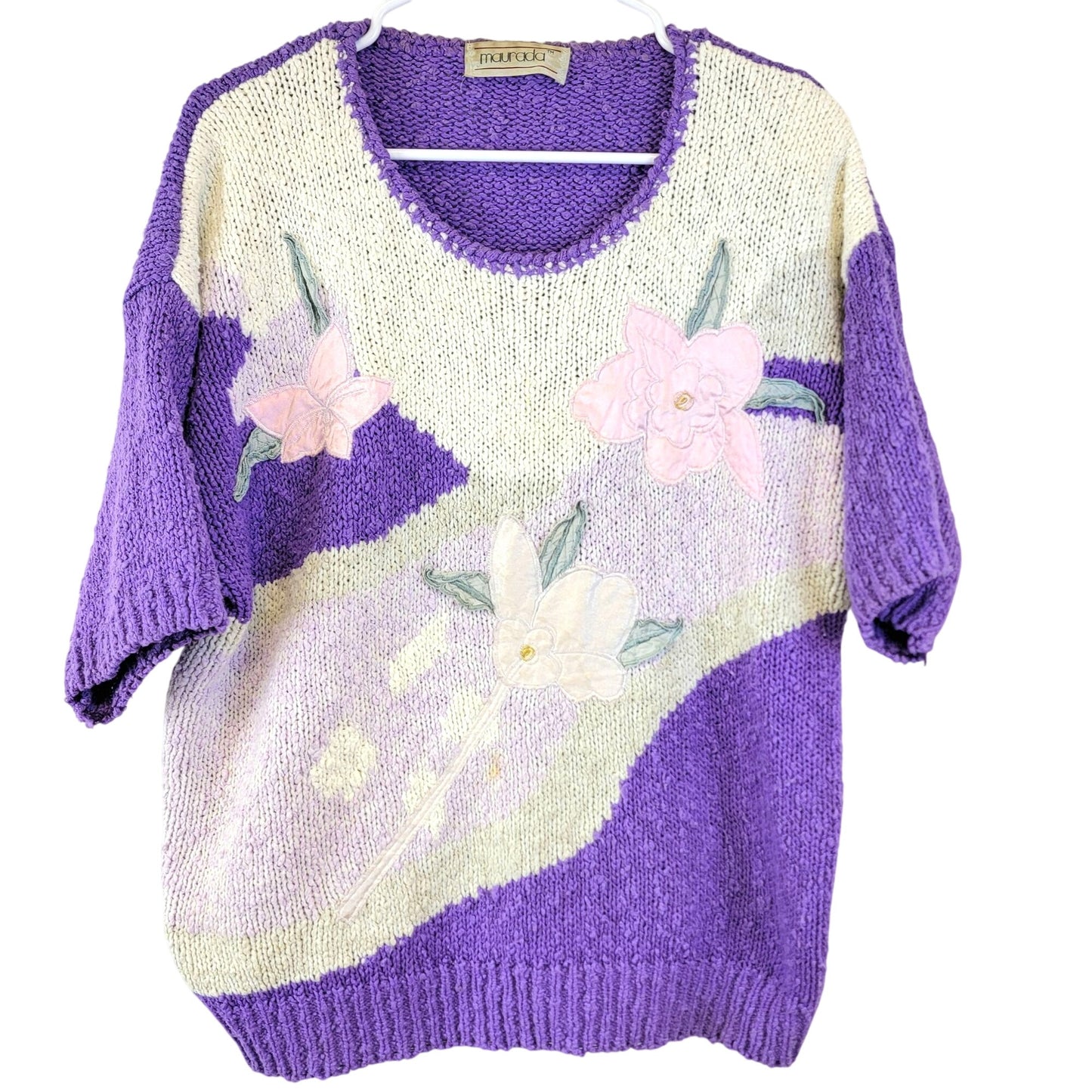 Vintage 80s Sweater Shirt Women 2X Plus Purple Embroidered Floral Top