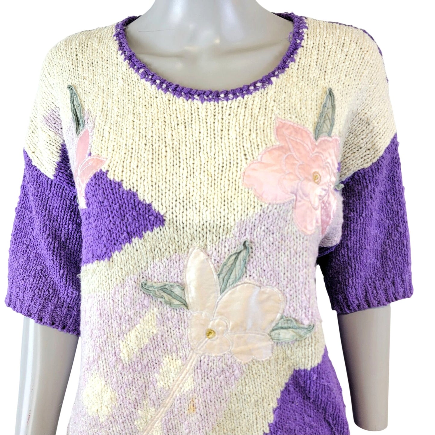 Vintage 80s Sweater Shirt Women 2X Plus Purple Embroidered Floral Top