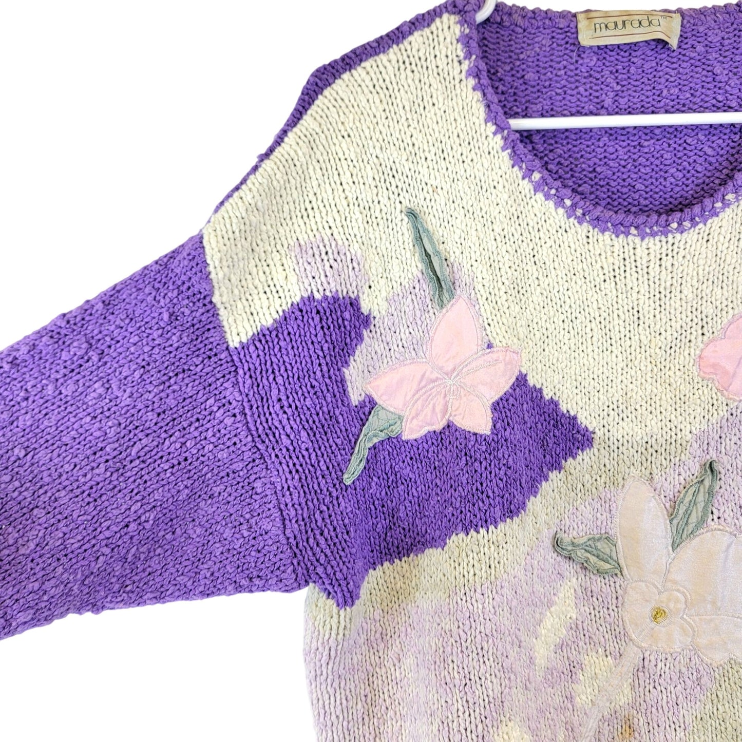 Vintage 80s Sweater Shirt Women 2X Plus Purple Embroidered Floral Top