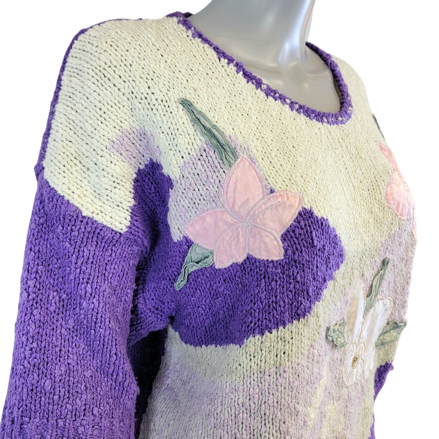 Vintage 80s Sweater Shirt Women 2X Plus Purple Embroidered Floral Top