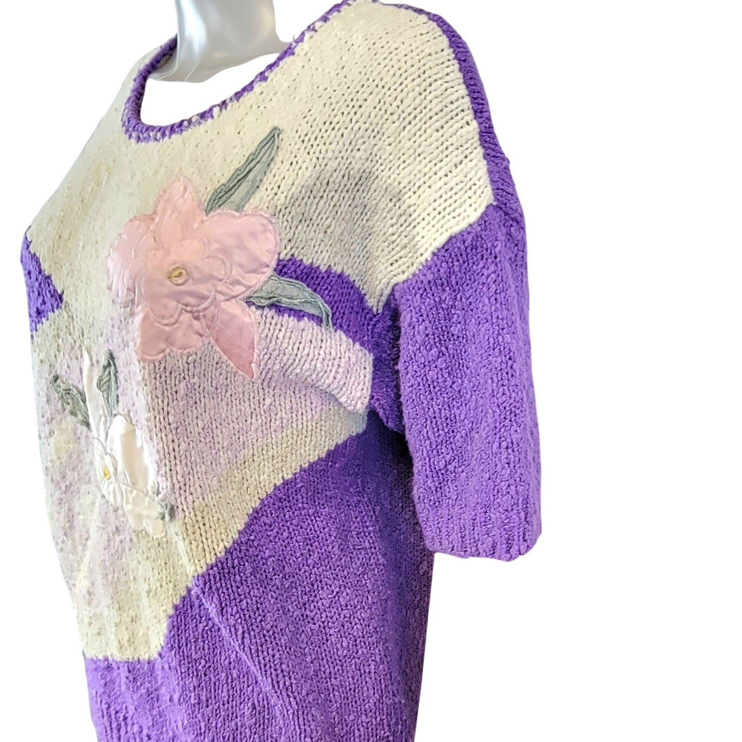 Vintage 80s Sweater Shirt Women 2X Plus Purple Embroidered Floral Top