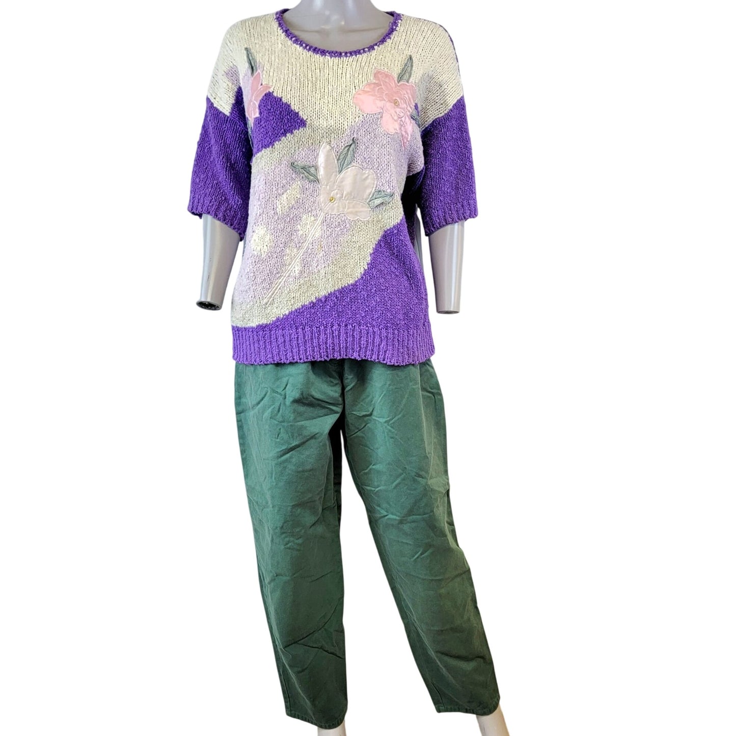 Vintage 80s Sweater Shirt Women 2X Plus Purple Embroidered Floral Top