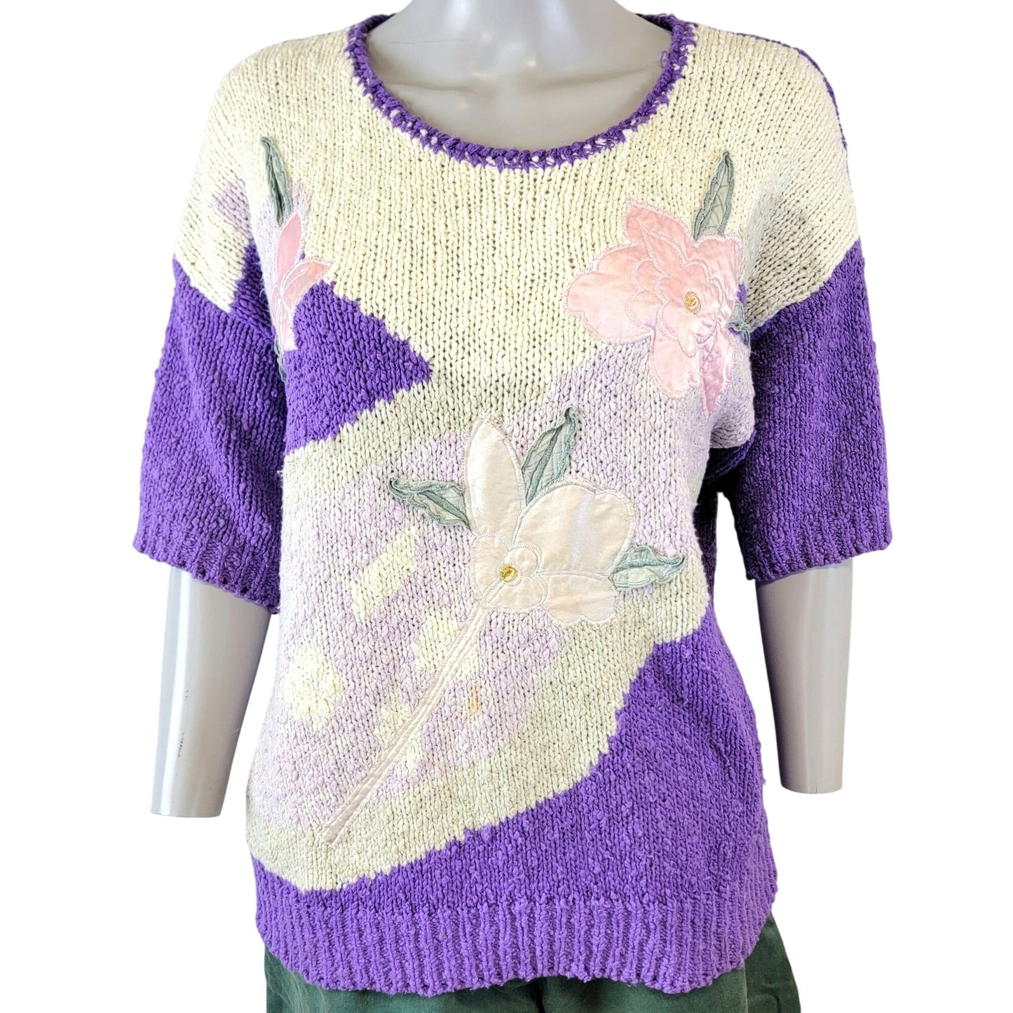 Vintage 80s Sweater Shirt Women 2X Plus Purple Embroidered Floral Top