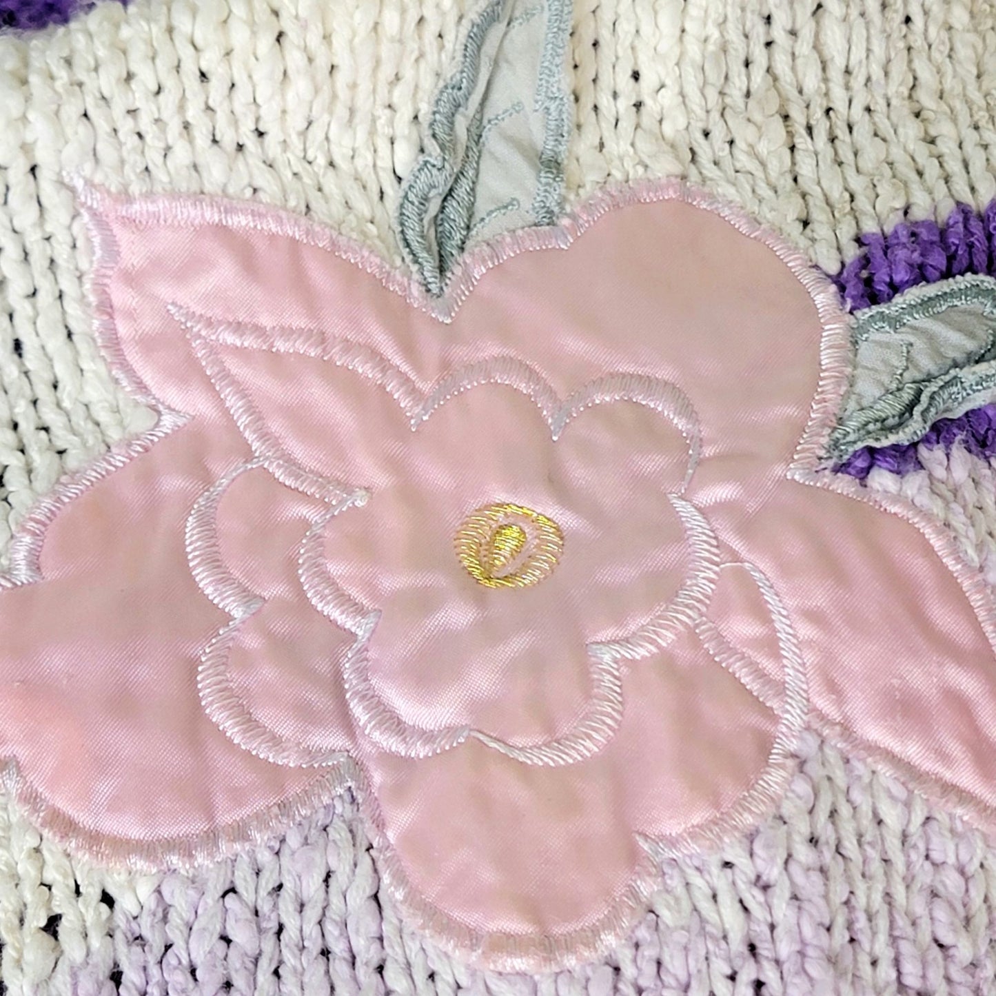 Vintage 80s Sweater Shirt Women 2X Plus Purple Embroidered Floral Top